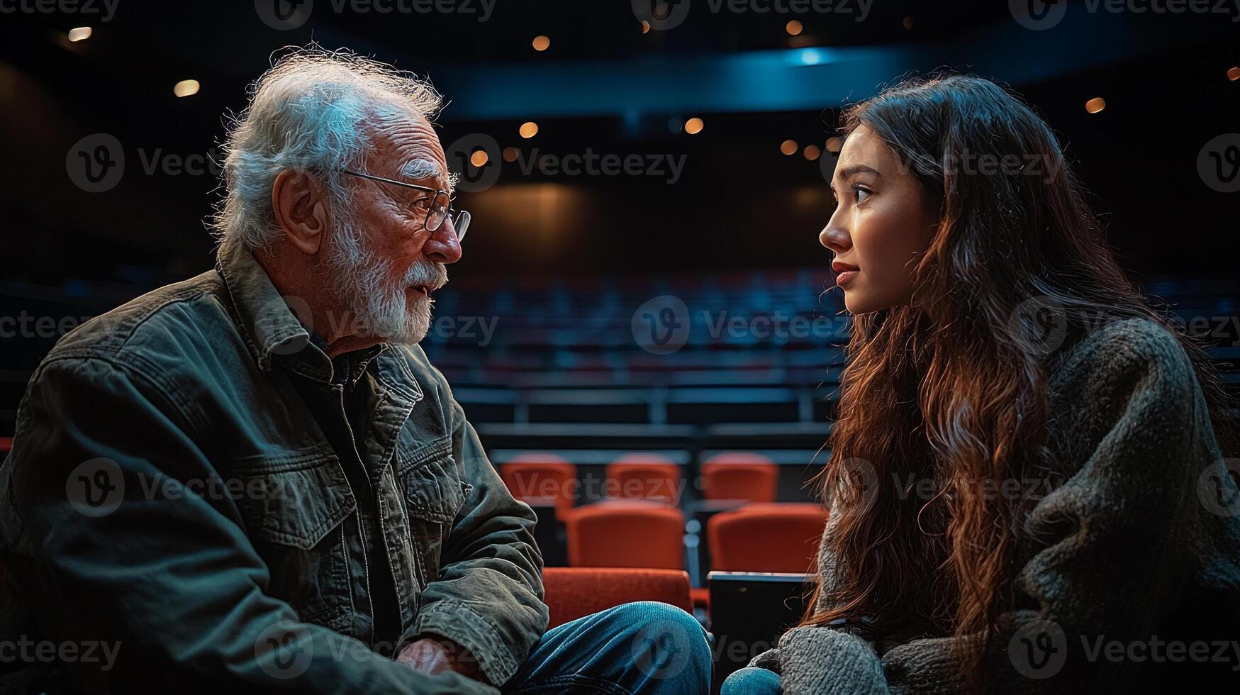 In cozy theater director in audience guides actors on stage during rehearsal highlighting collaborative spirit of performance preparation photo