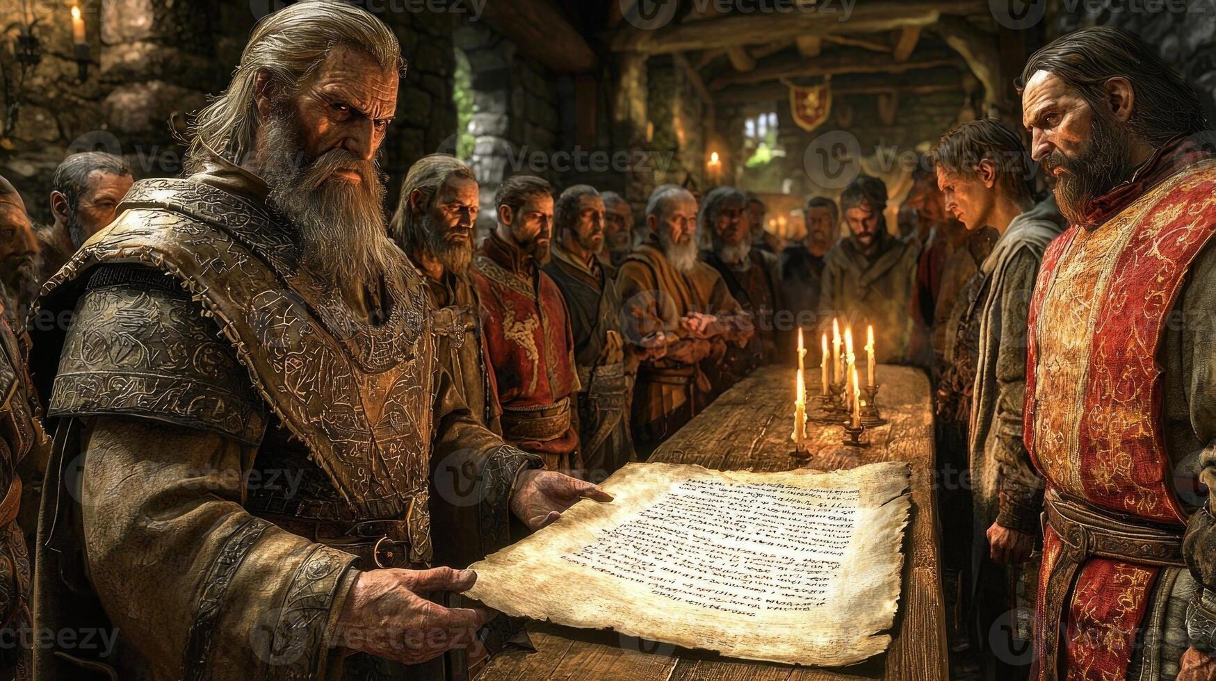 In dark chamber illuminated candlelight sect members listen intently as their leader reveals ancient prophecy on weathered scroll. Ancient relics surround them photo