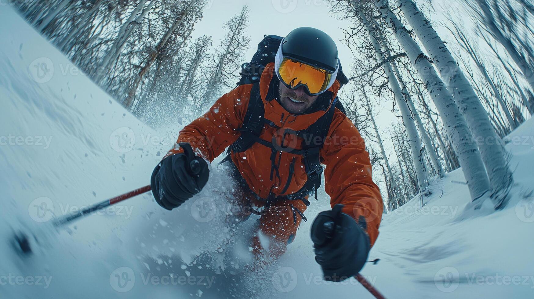professional biathlete moves swiftly across snowy ground showcasing athleticism. low angle perspective captures determination in their expression and dynamic movement photo