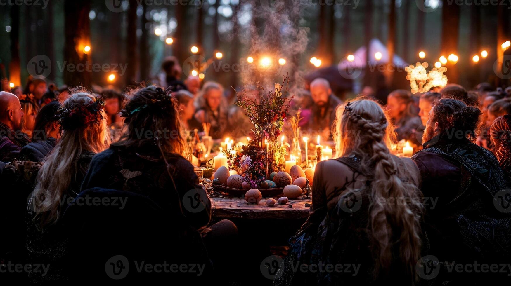 circle of pagans celebrates spring in serene forest setting gathered around decorated earth altar eggs flowers and sprouting plants. Candles and incense create mystical ambiance photo