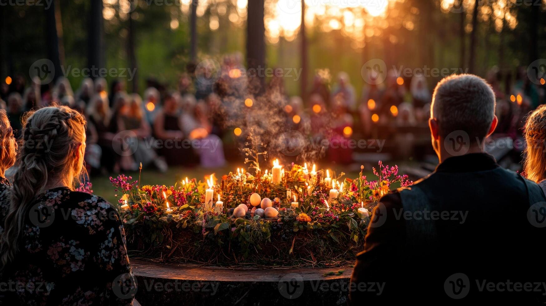 In tranquil outdoor setting circle of pagans is gathered around earth altar adorned spring symbols. Candles flicker and incense rises in gentle breeze during serene celebration photo