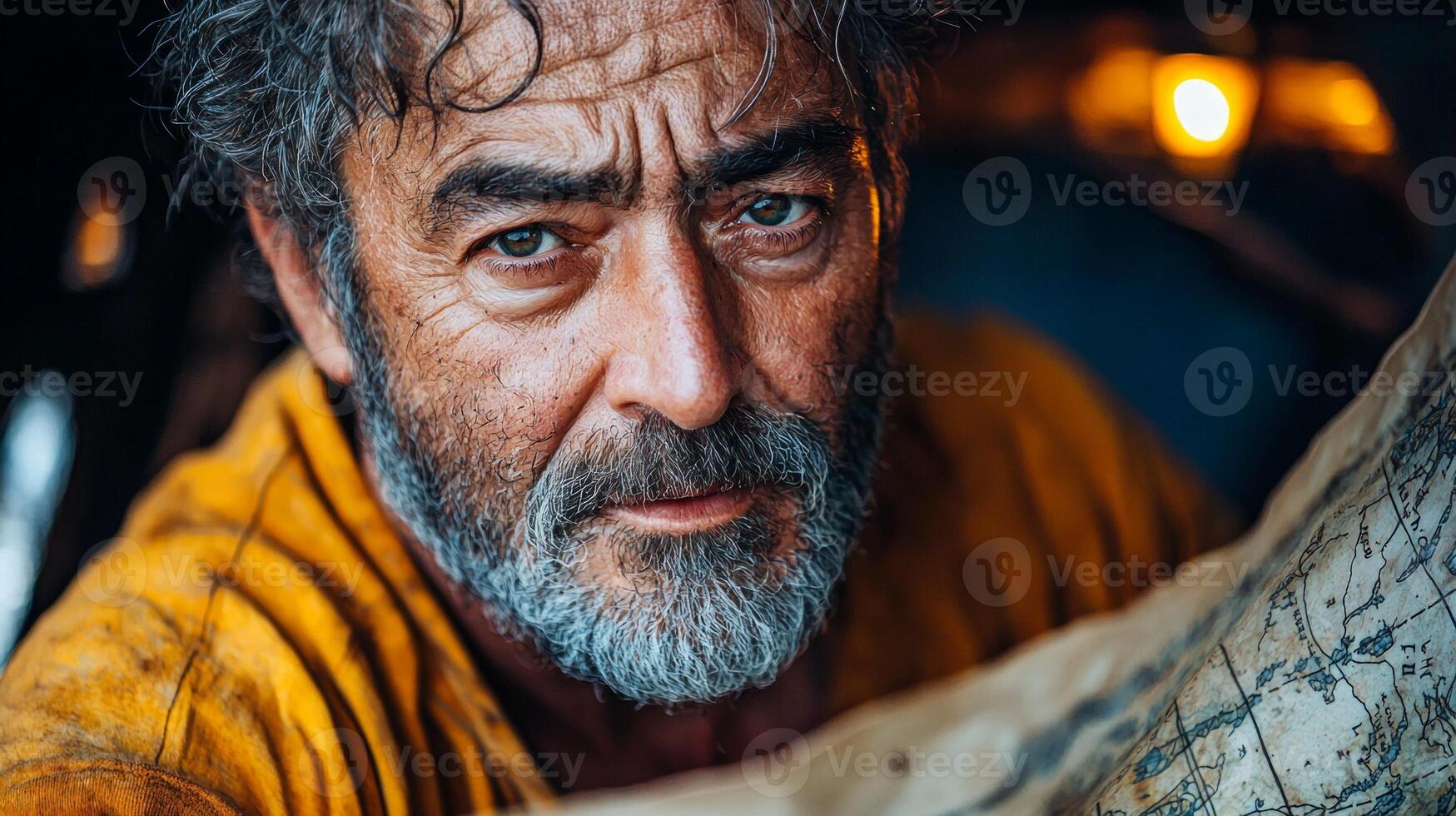 Inside dimly lit wooden ship cabin rugged Spanish explorer examines weathered parchment map. His determined gaze reflects years of adventure filled scars and untamed beard photo
