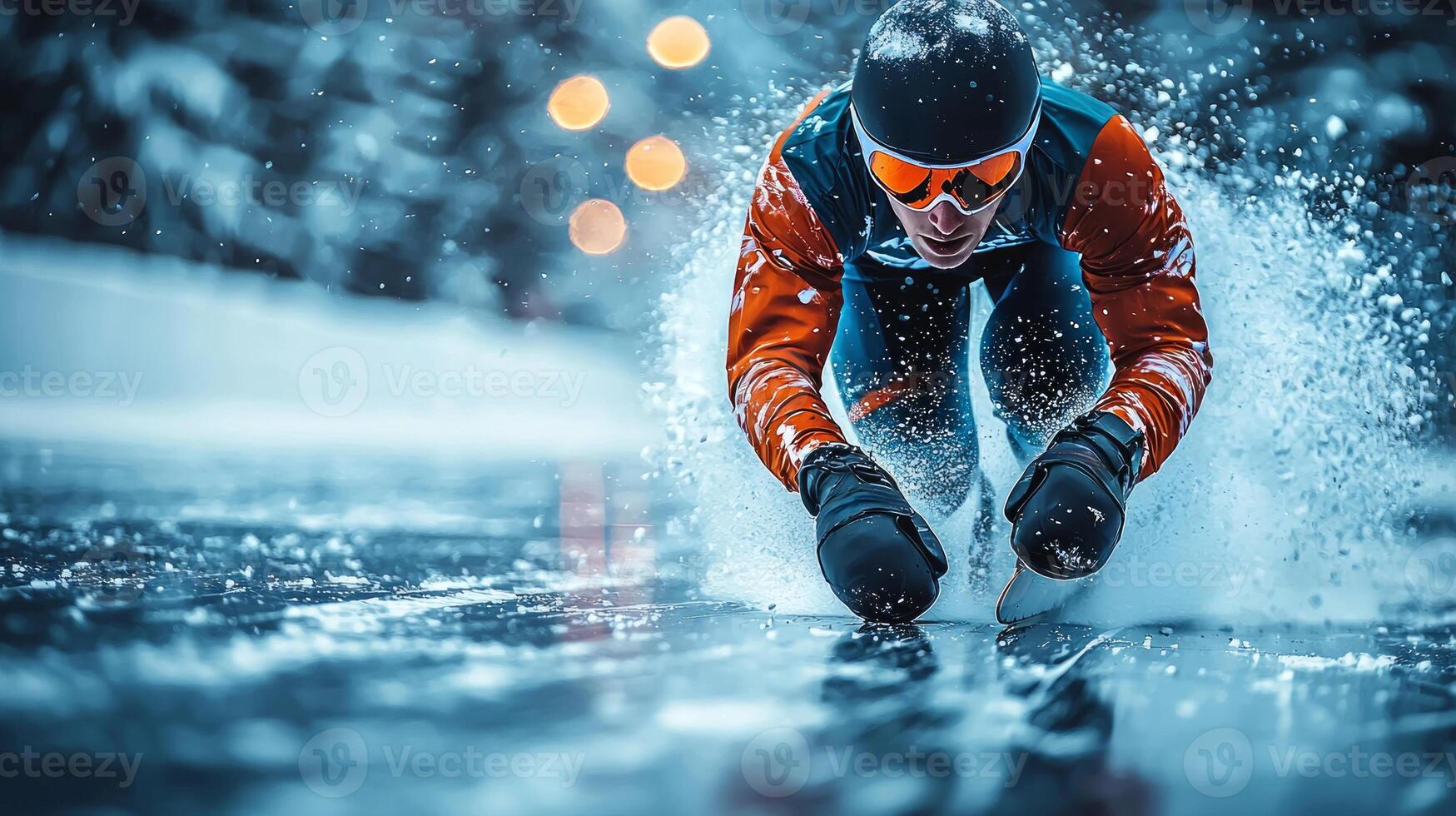 speed skater executes dynamic move on ice creating striking silhouette and elongated shadow captures essence of athletic grace and power photo