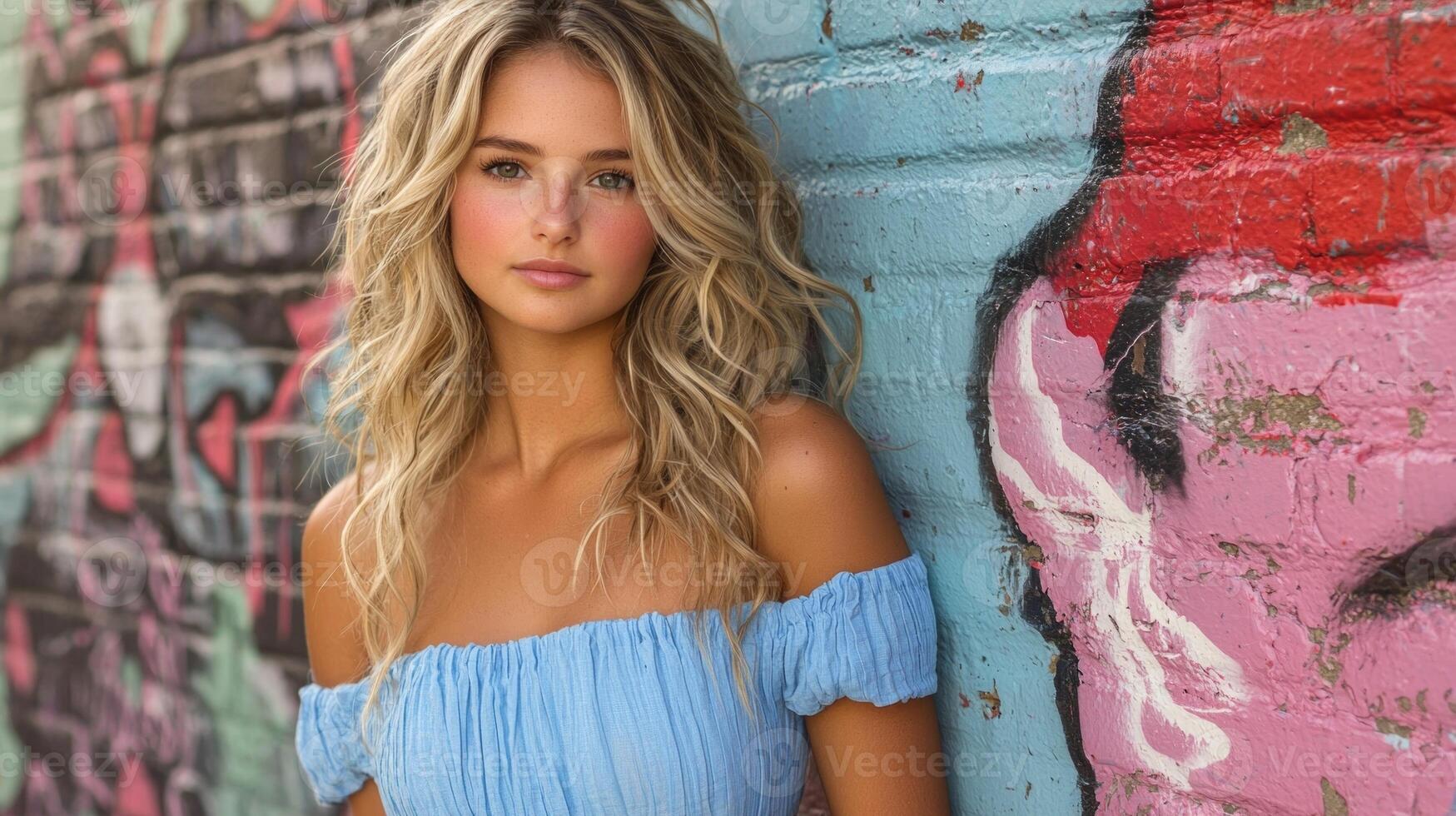 curly blonde haired girl stands confidently against colorful graffiti wall. Her bright blue dress creates striking contrast edgy background showcasing urban fashion photo