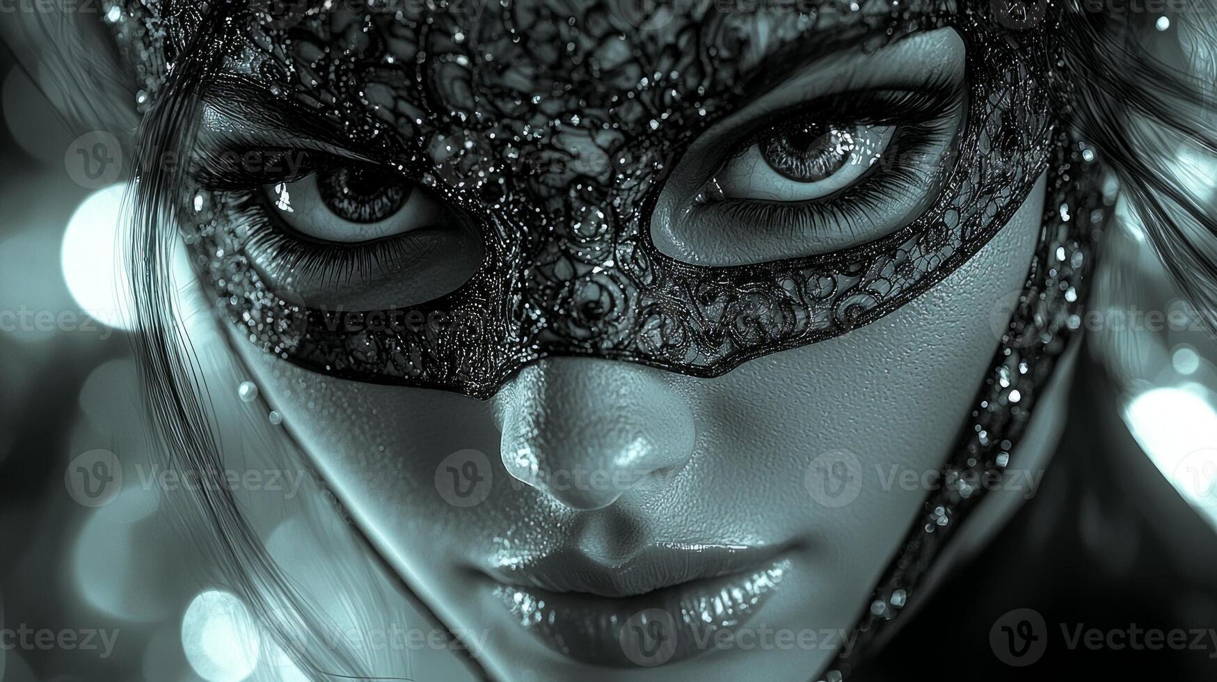 dark and sultry femme fatale captivates elaborate lace mask and silver chains. moody noir lighting enhances her enigmatic presence against vintage detective's office backdrop photo