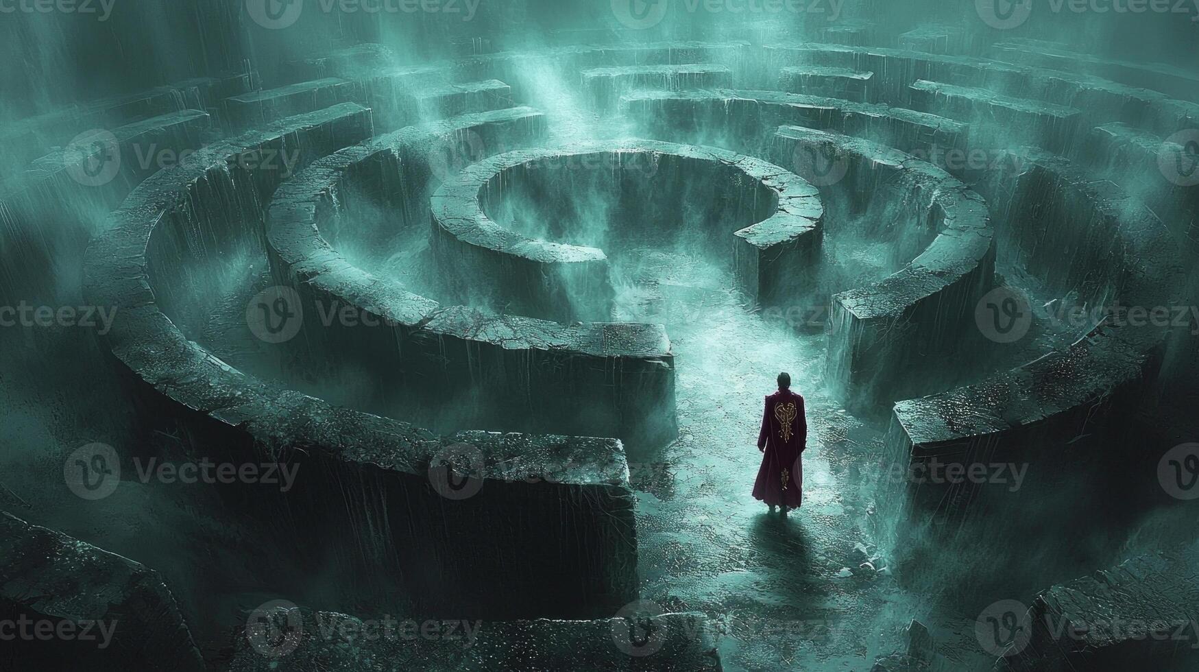 Cloaked in deep purple velvet coat figure cautiously navigates eerie labyrinth. Towering black stone walls loom overhead as thick fog swirls around hiding secrets within photo