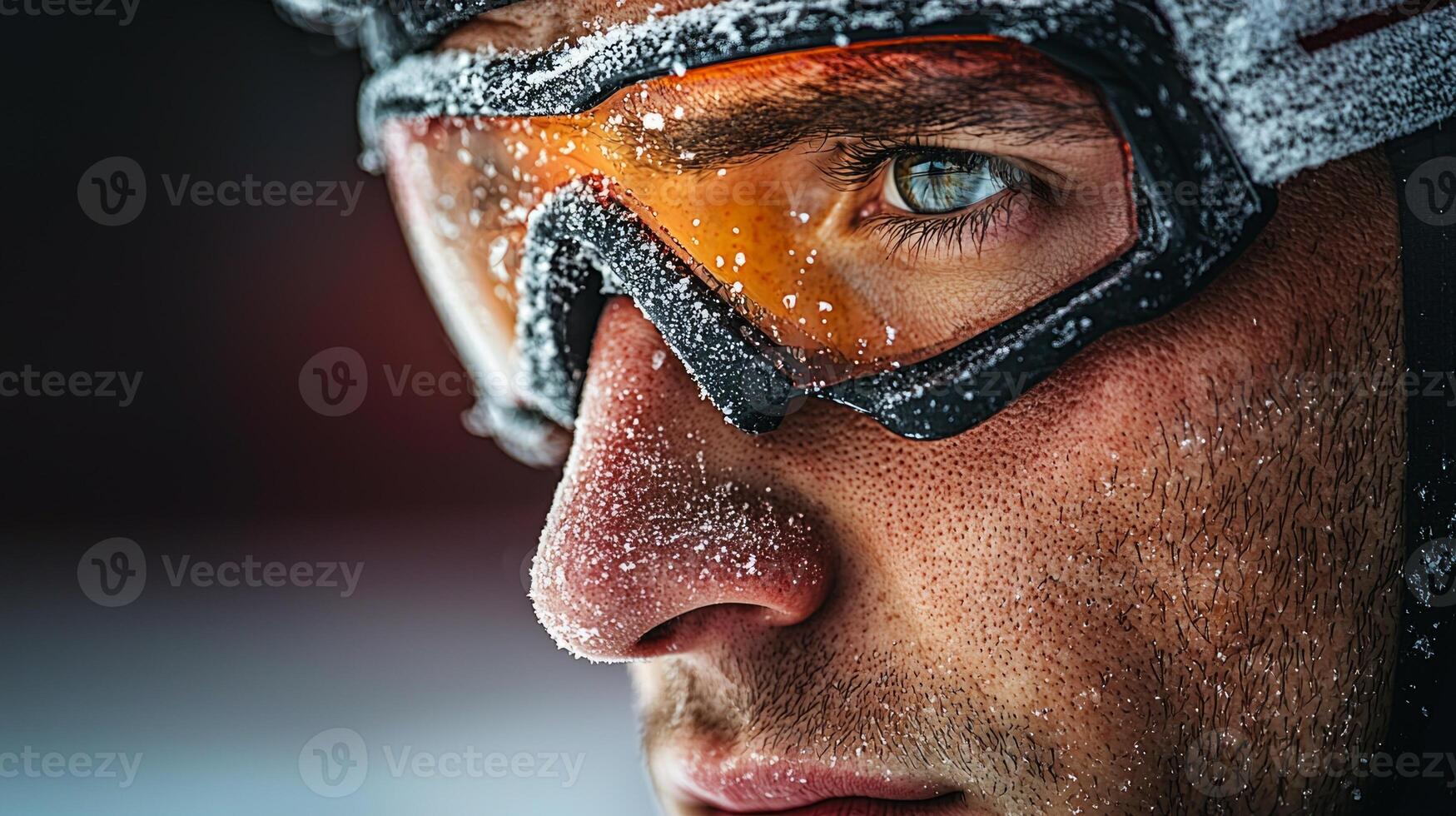 professional speed skater prepares for competition in chilling arena atmosphere. Their intense gaze shines through high tech visor revealing commitment excellence photo