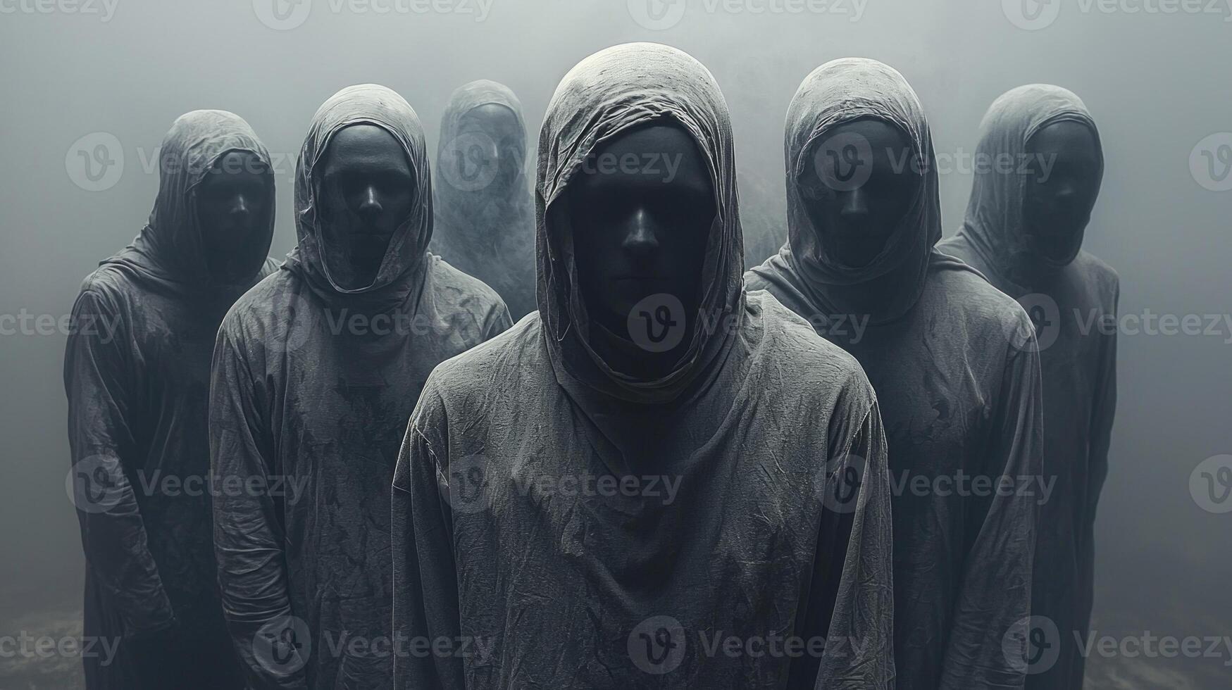 group of hooded ancient figures stands in circle their glowing eyes watching contemporary world. They represent archetypes of collective unconscious embodying wisdom and mystery photo
