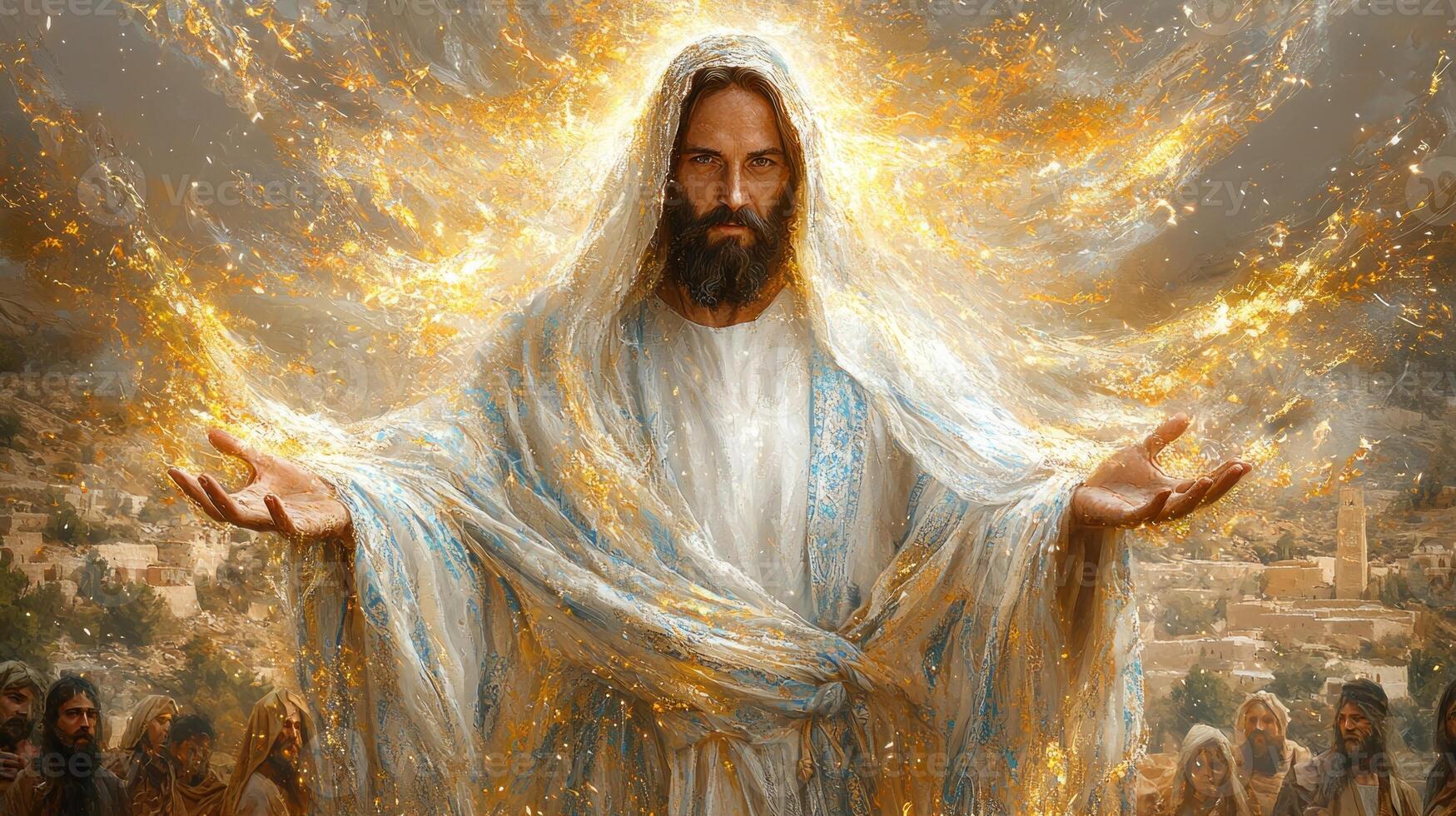 Yeshua stands flowing robes illuminated golden light while extending his hands in blessing. Followers gather awe surrounded hills and olive trees as dawn breaks photo