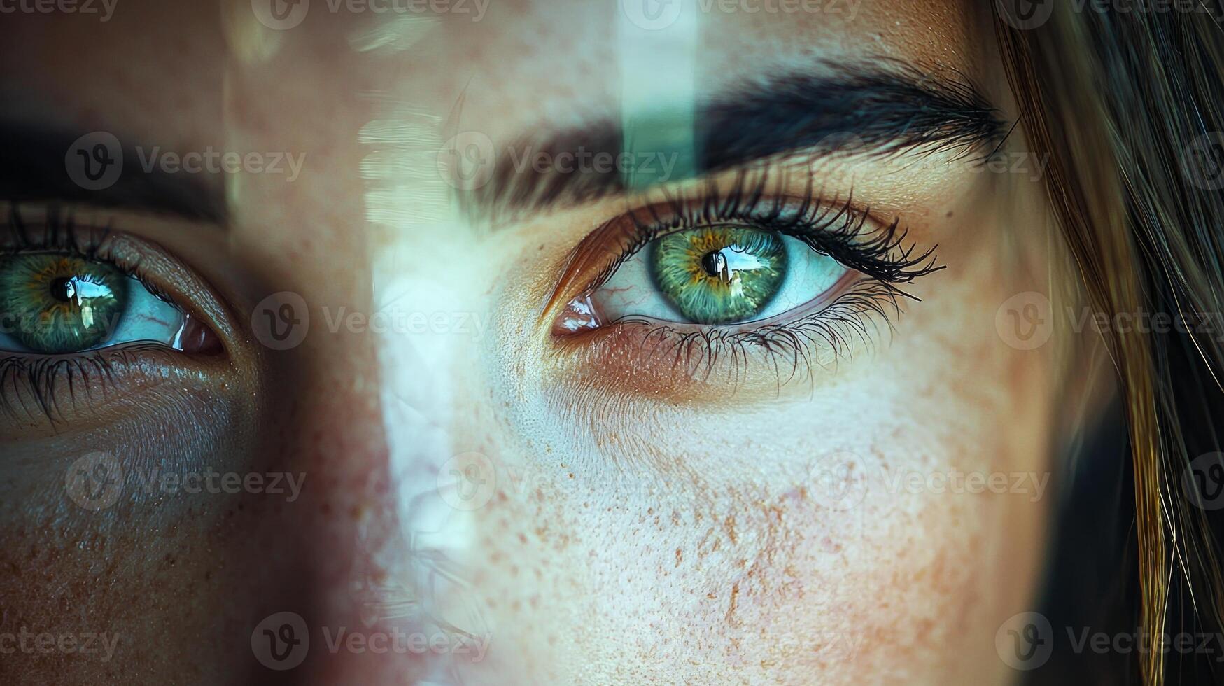 person gazes into mirror confronting shadowy version of themselves. Their glowing eyes express deep understanding and struggle inner fears and subconscious secrets photo