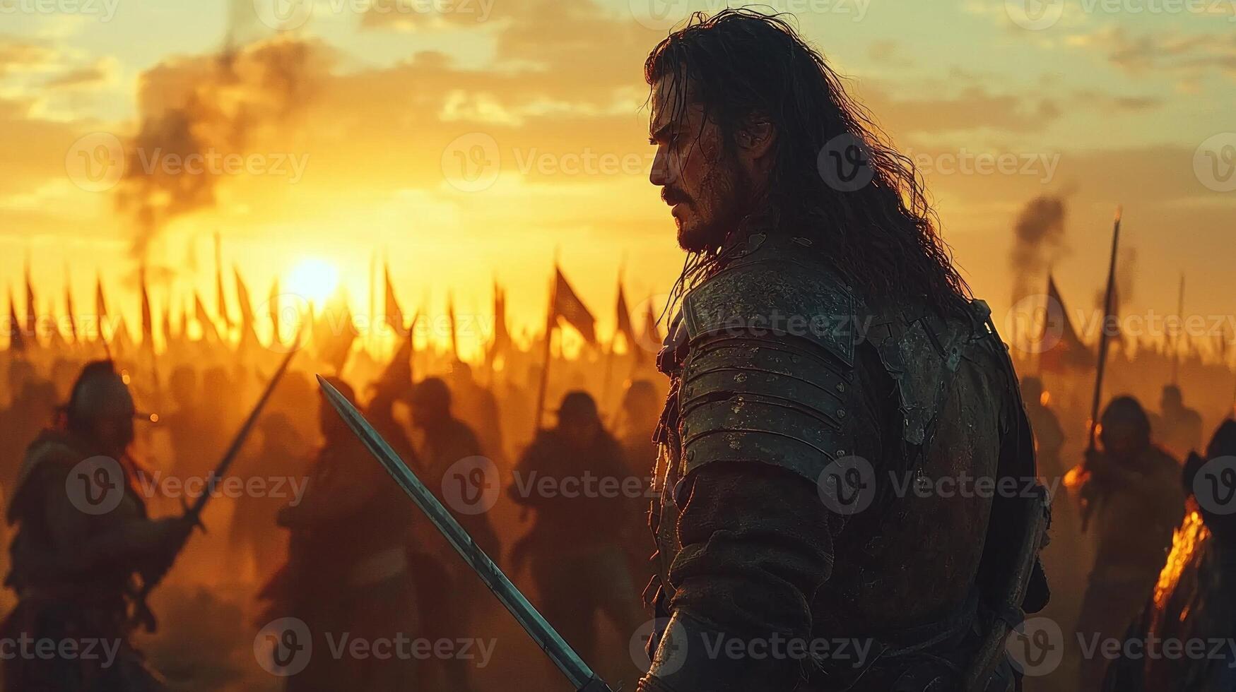 lone Spanish conquistador defends himself against throng of native warriors during dramatic showdown. setting sun casts golden glow over battlefield creating intense atmosphere photo