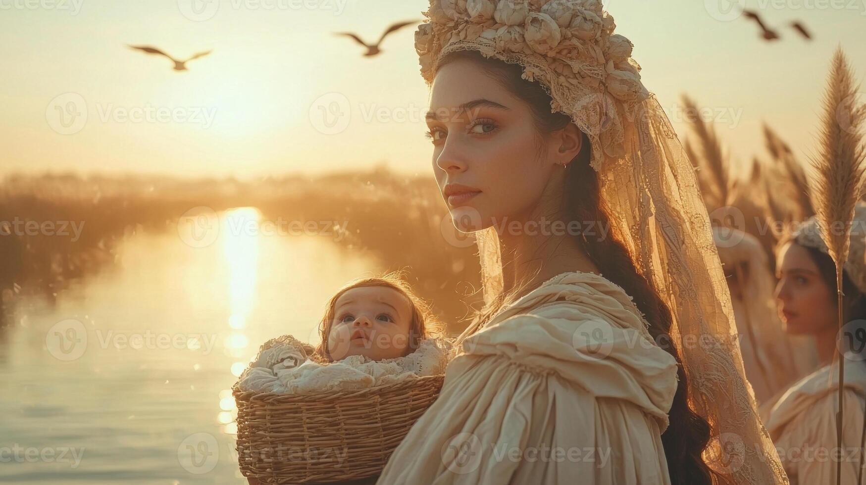 Regal Egyptian attire adorns Pharaoh's daughter as she gazes in awe basket containing baby Moses. Maidservants surround her sharing in moment's wonder dawn's warm light photo