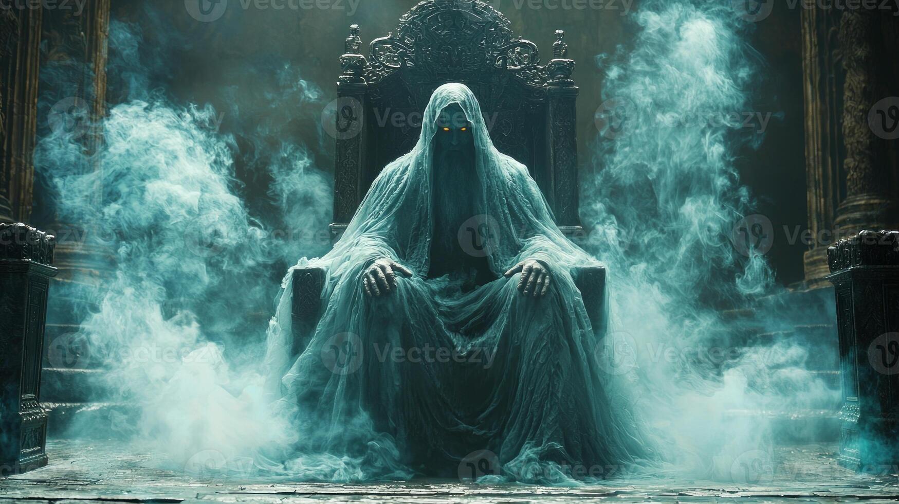 In vast and cold throne room Hades sits on dark throne his robe shimmering like liquid night while Persephone embodies both light and shadow representing her duality photo