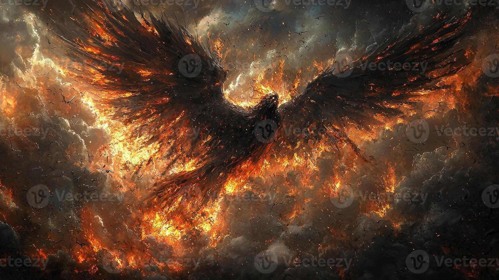 fallen angel spirals downwards engulfed in flames and surrounded stormy clouds. His face shows agony and defiance as glowing embers trail behind him symbolizing his fall from grace photo