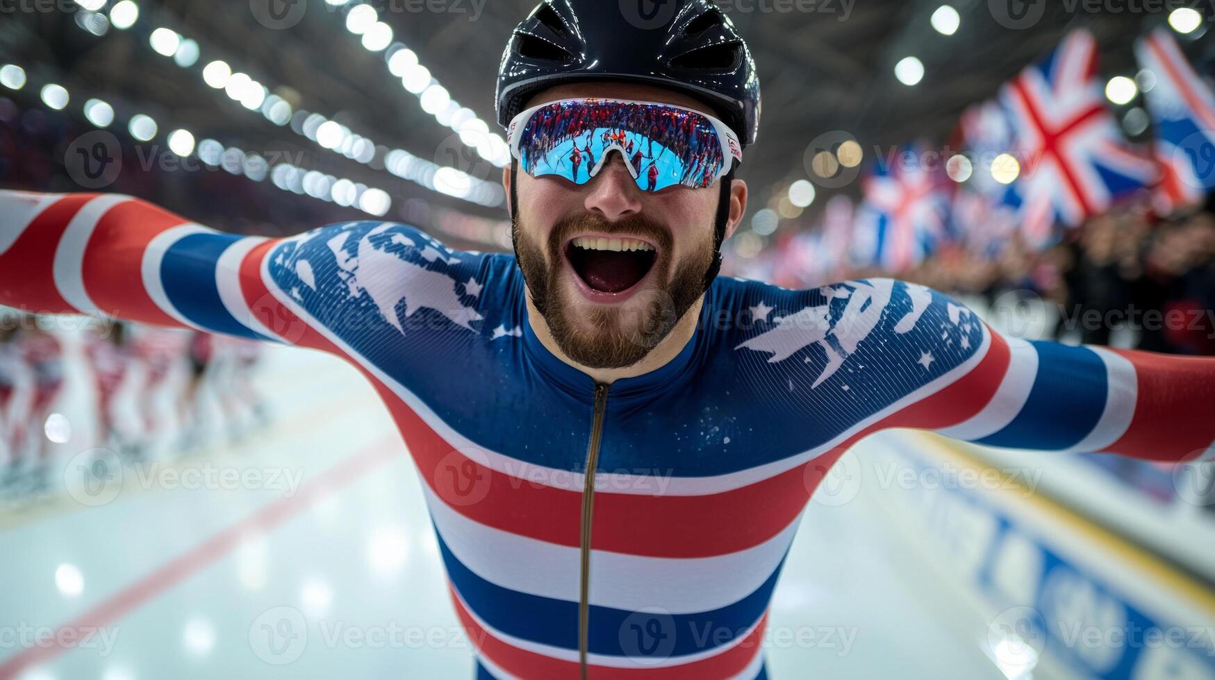 After hard fought race group of speed skaters erupts in joy as they raise their arms in triumph surrounded cheering fans and waving flags in vibrant ice rink atmosphere photo