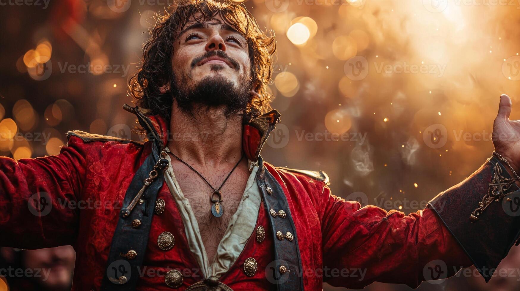 passionate opera singer stands center stage hands raised and eyes closed expressing deep emotion. lavish palace backdrop and orchestra enhance dramatic atmosphere of performance photo