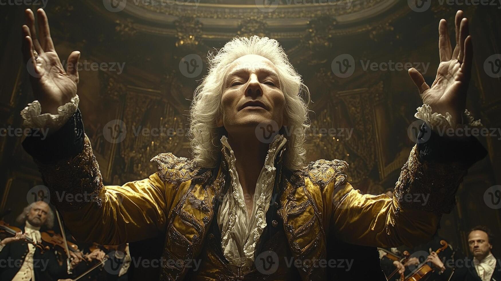 In lavish setting powerful opera singer captures attention dramatic expression hands raised golden lights. orchestra complements grand atmosphere of performance photo