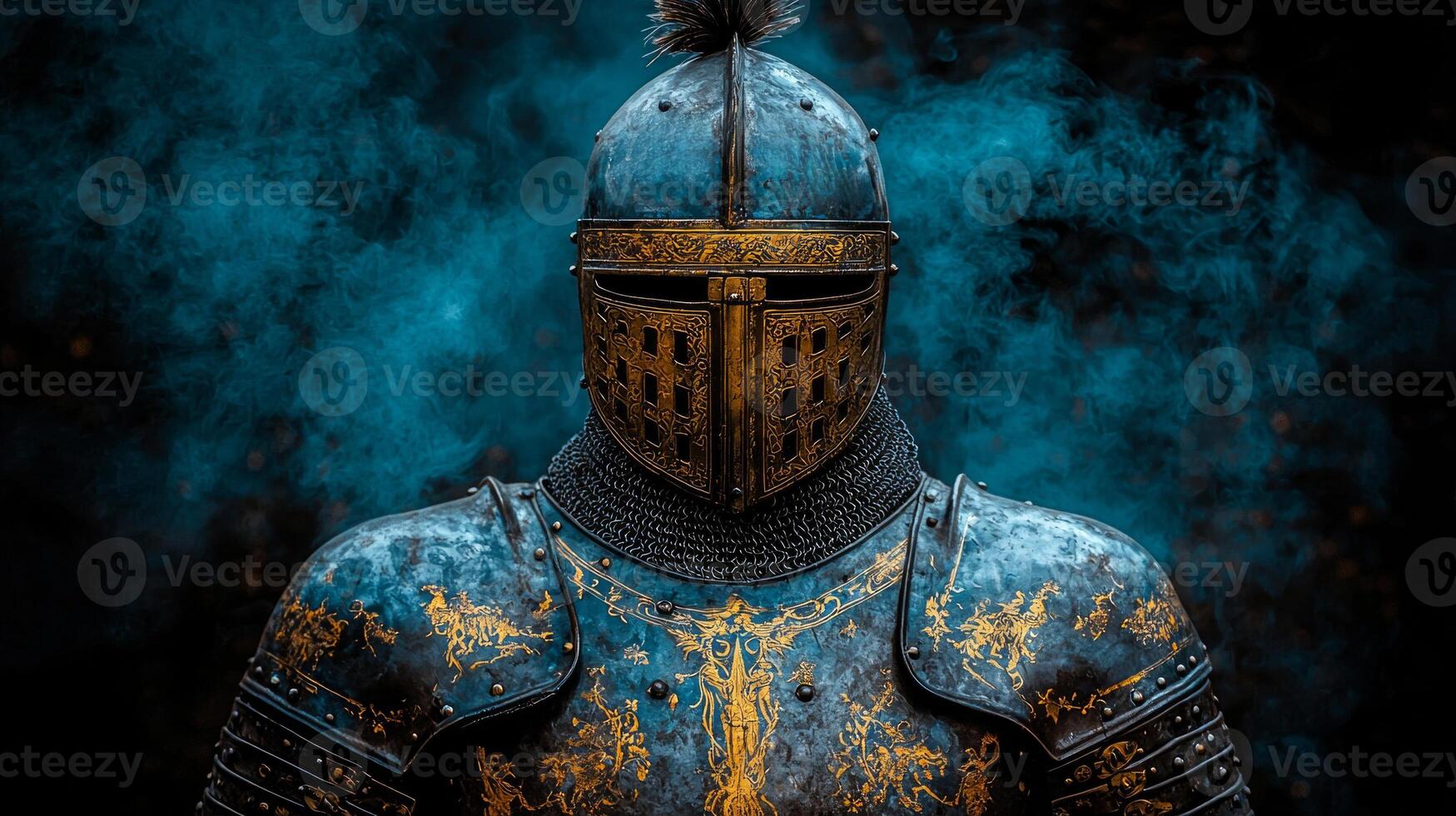 conquistador stands confidently in intricate 16th century armor adorned golden engravings. He holds gleaming rapier surrounded mysterious jungle mist photo