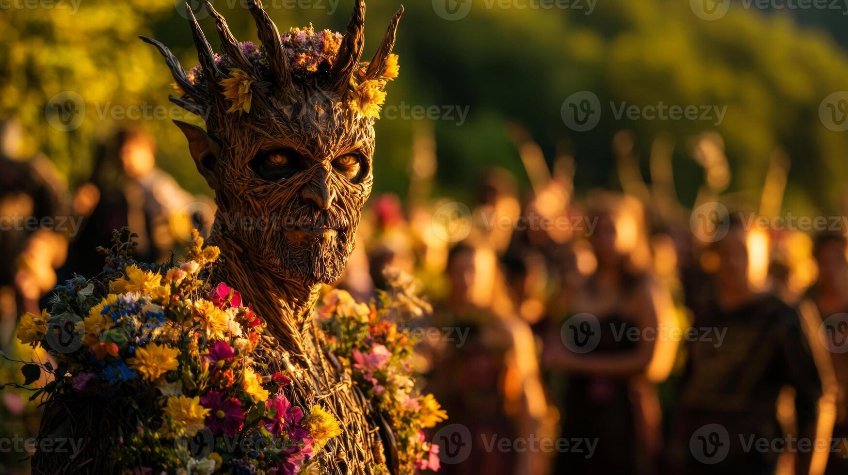 large wicker figure stands tall in open field during spring pagan festival. Attendees in traditional clothing gather observing rituals and placing flowers and offerings its base photo
