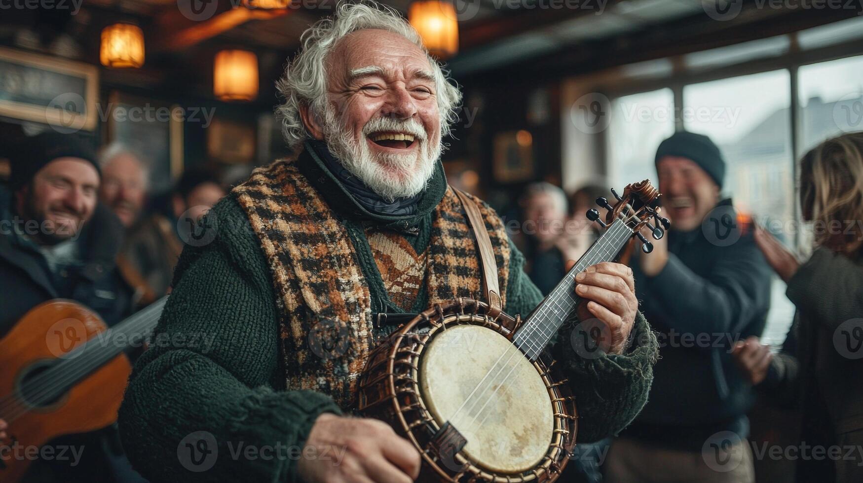In warm Irish pub people cheer and clap as band plays lively traditional folk music creating inviting atmosphere filled joy and camaraderie photo