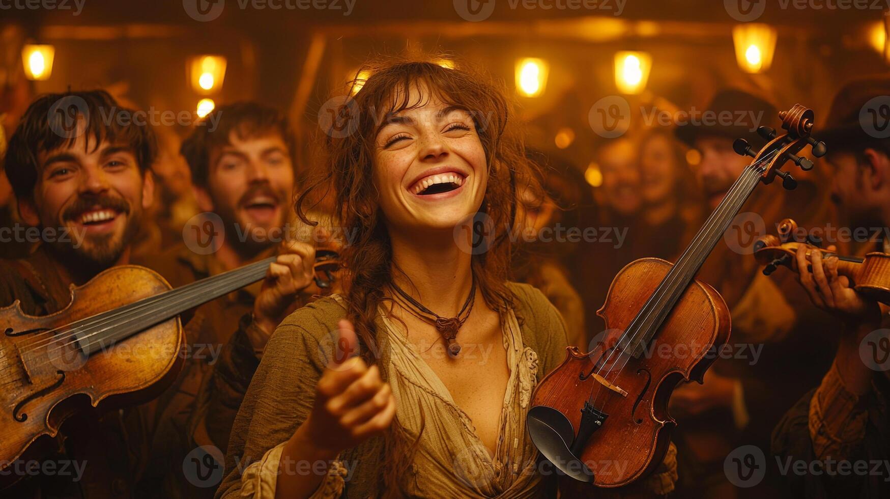People clap and cheer in warm Irish pub filled laughter as band plays vibrant folk music. Lanterns glow above highlighting lively spirit of celebration and camaraderie photo