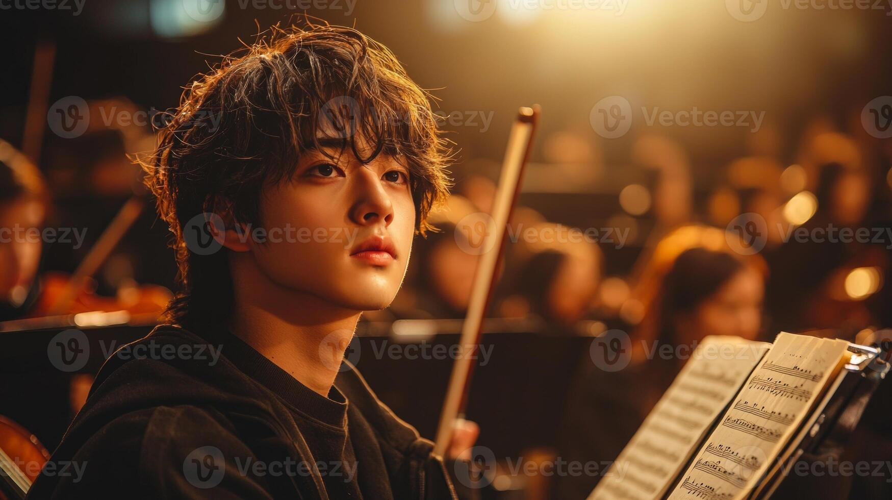 Tuning violin soft warm light in orchestra pit focused musician prepares for upcoming symphony as sheet music surrounds them highlighting musical anticipation photo