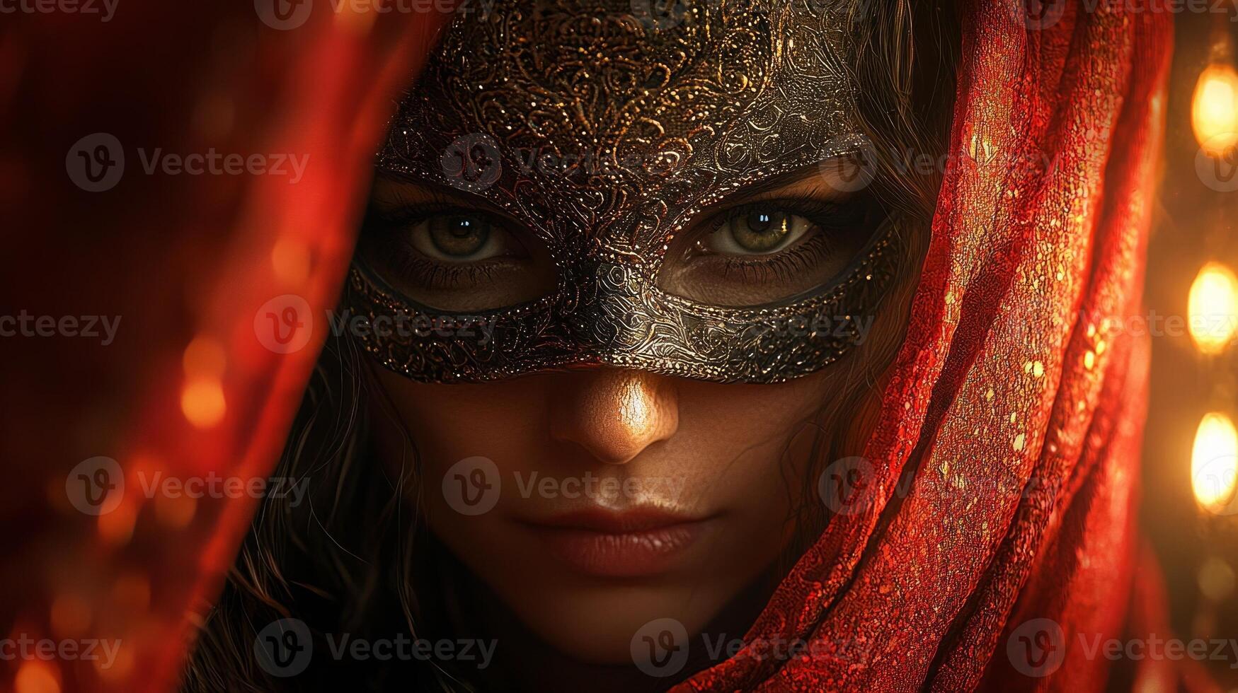 actor wearing ornate Venetian mask peeks through heavy red curtains surrounded soft theater lighting enhances aura of mystery and anticipation deepening theatrical atmosphere photo