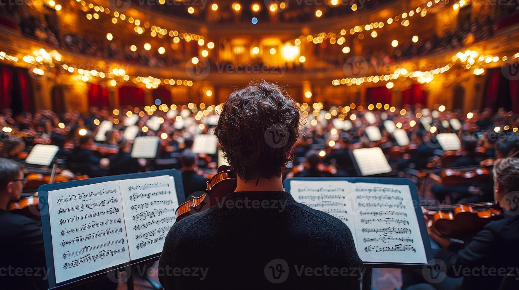 In atmospheric setting violinist tunes their instrument in orchestra pit illuminated single warm light. Scattered sheet music lays around as stage awaits symphony photo