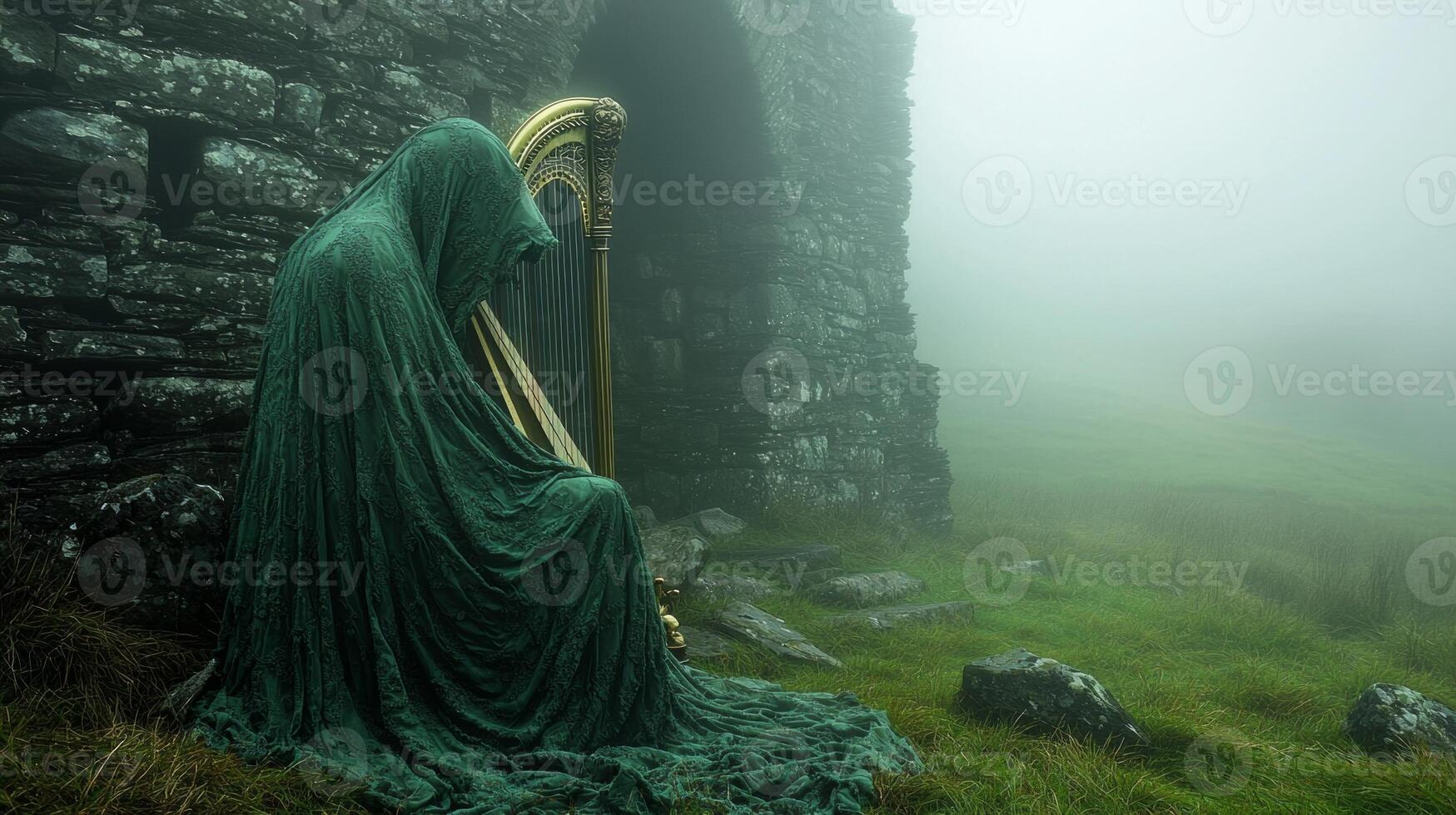 Dressed in flowing green cloak harpist plays golden harp amid ruins of ancient Irish castle. Mist wraps around stone walls enhancing magical atmosphere of history and music photo