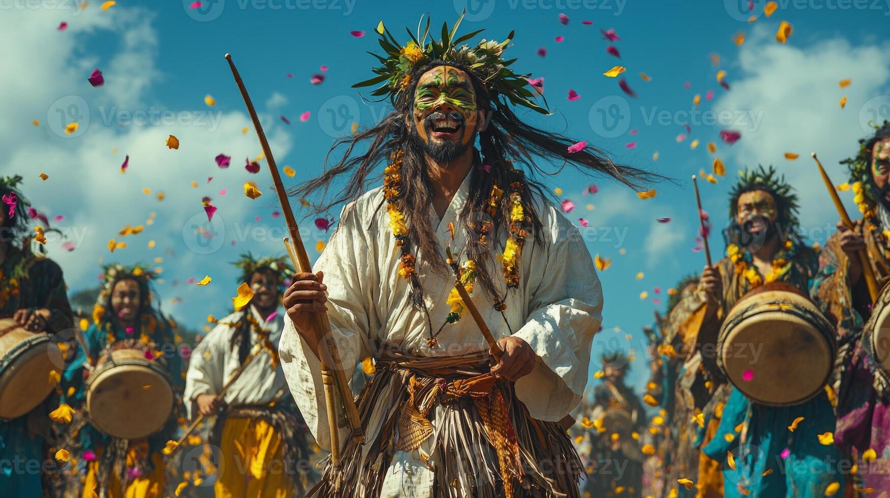 lively parade unfolds in colorful meadow as joyful spirits of spring don leafy costumes and flower masks while drumming and playing flutes. Petals dance in breeze photo