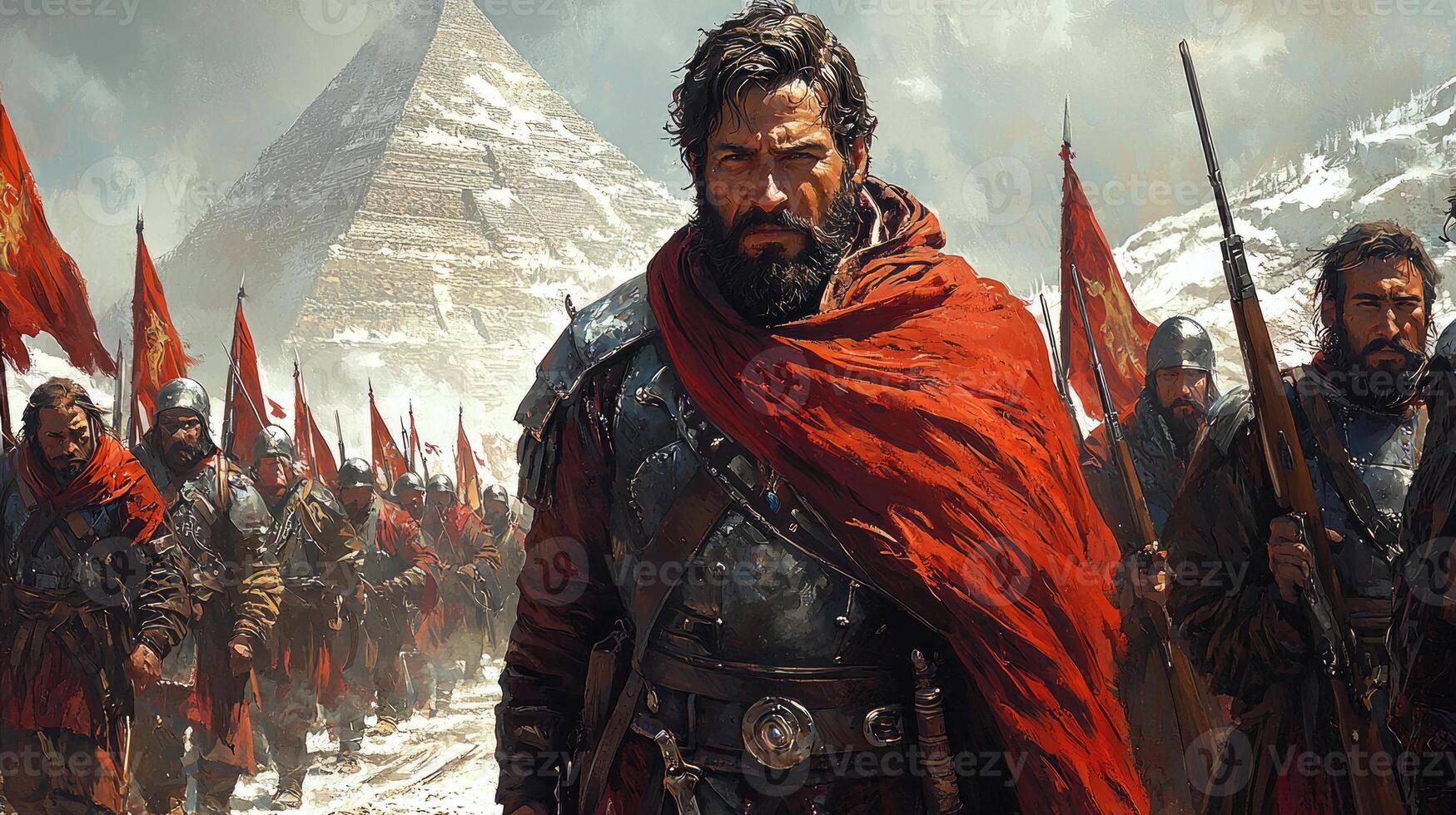 Hernan Cortes stands resolutely forefront leading his disciplined troops into Tenochtitlan. His crimson cape flows behind him as they march imposing Aztec pyramids photo