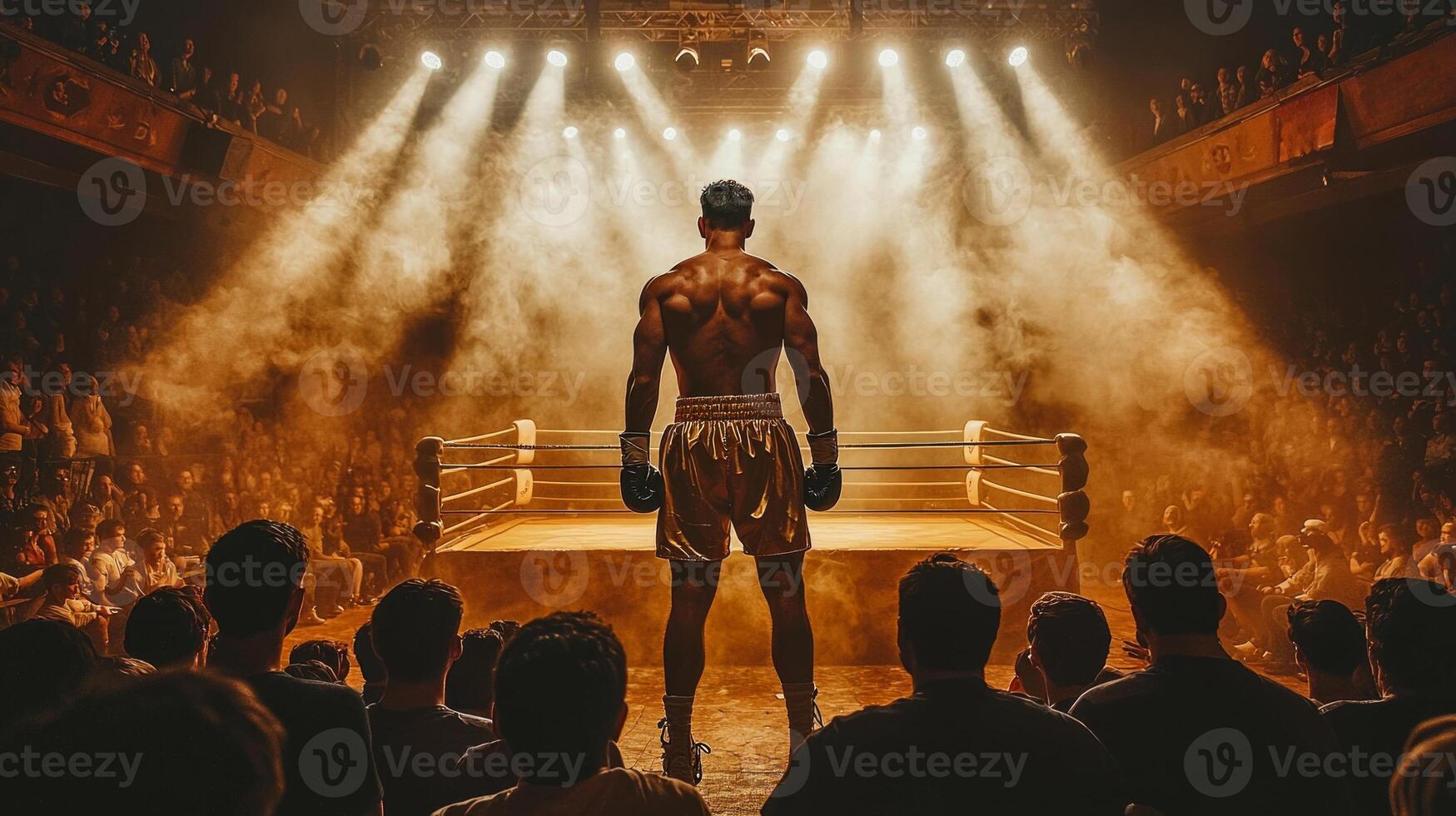 boxer stands in spotlight preparing for match ahead. audience is captivated surrounded smoke in dramatic setting. Excitement fills air as event unfolds photo