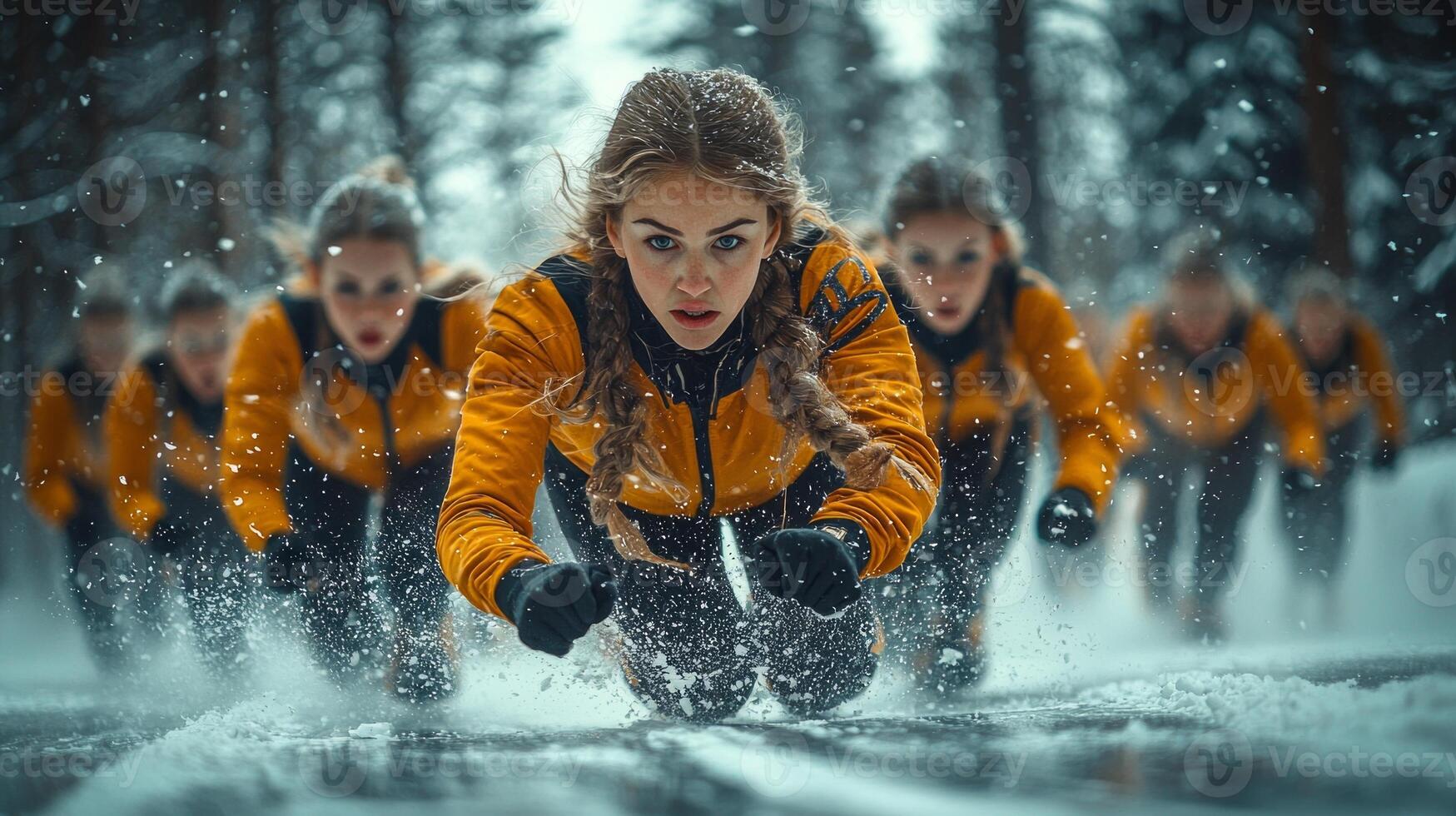 Short track speed skaters lean into sharp turn their fingertips grazing ice for balance. Focused and determined they push through curve as ice shavings fly around them photo