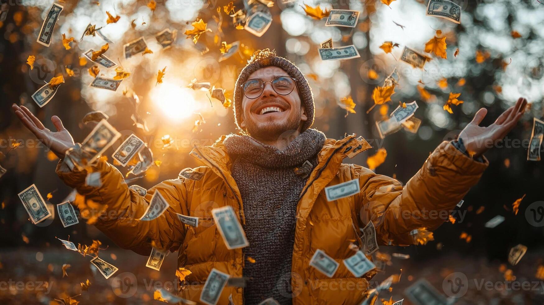 joyful man stands open arms in autumn park as golden leaves and banknotes cascade around him illuminated warm sunlight photo