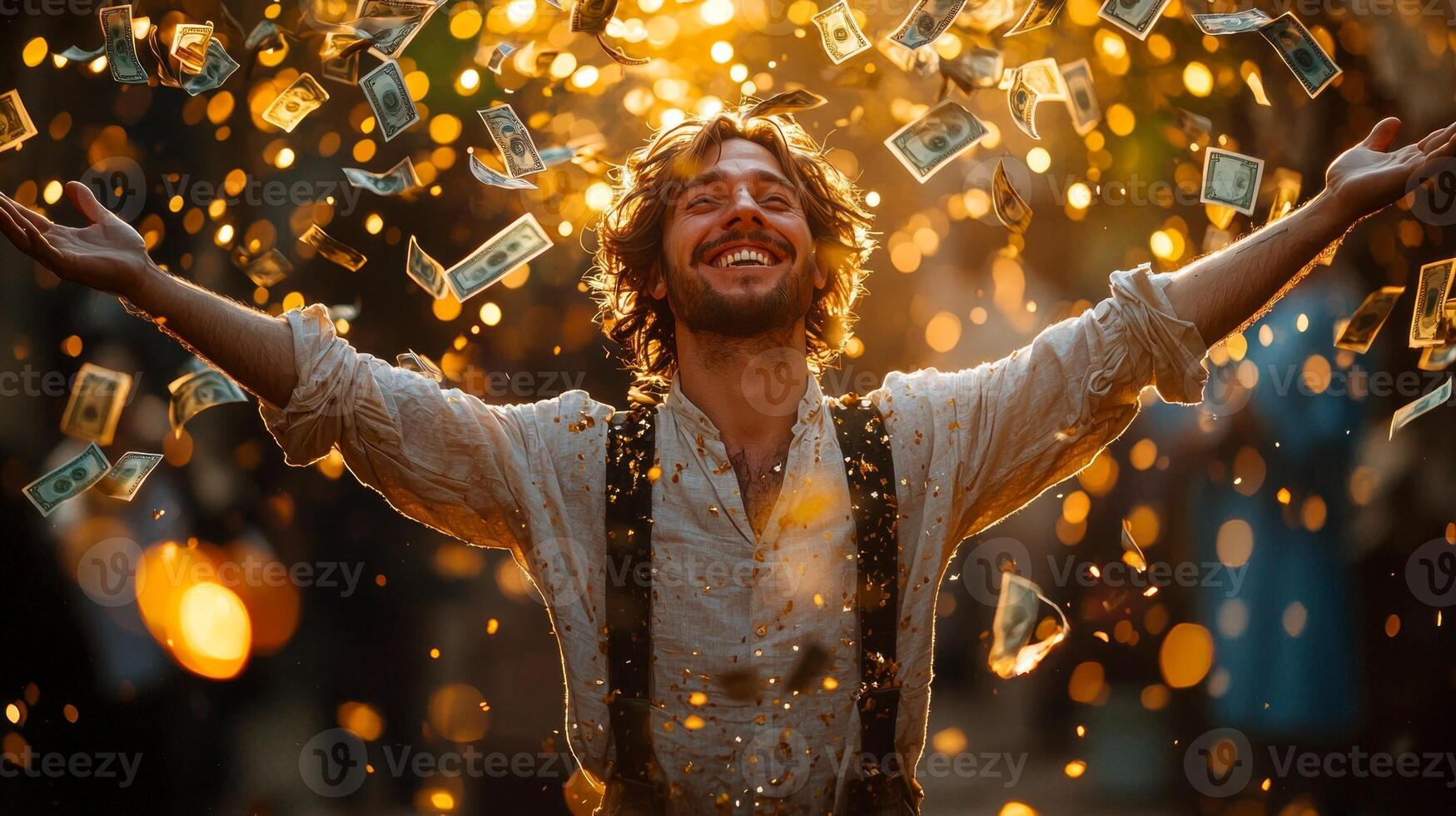 In vibrant autumn park joyful man opens his arms wide surrounded golden leaves and falling banknotes. Sunlight filters through trees casting warm glow of prosperity photo
