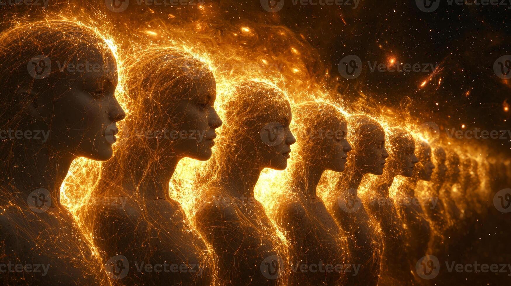 Vast cosmic web formed glowing threads connects human faces symbolizing shared thoughts and emotions against celestial backdrop filled galaxies and energy photo
