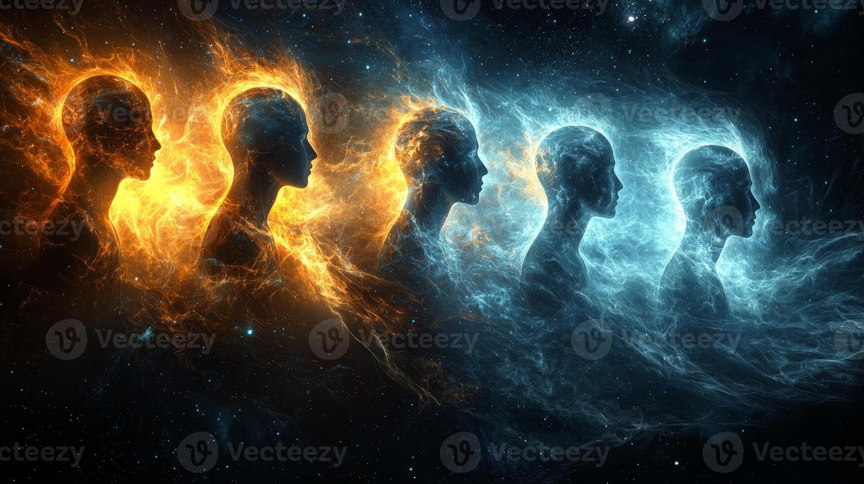 Vast cosmic web connects countless human faces emerging from darkness. Their thoughts and emotions intertwine symbolizing collective unconscious in deep celestial space filled energy photo