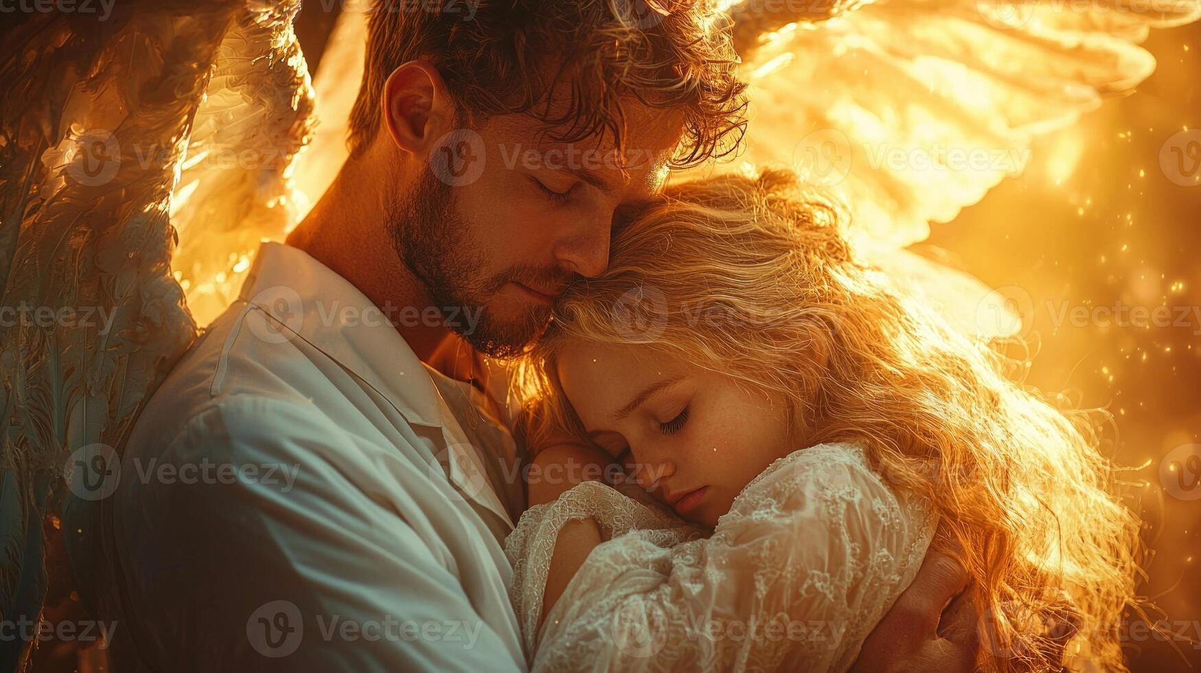 compassionate doctor in white coat carries sleeping angel on their back. angel's tattered wings reflect exhaustion of healers bathed in warm golden light conveys protection photo