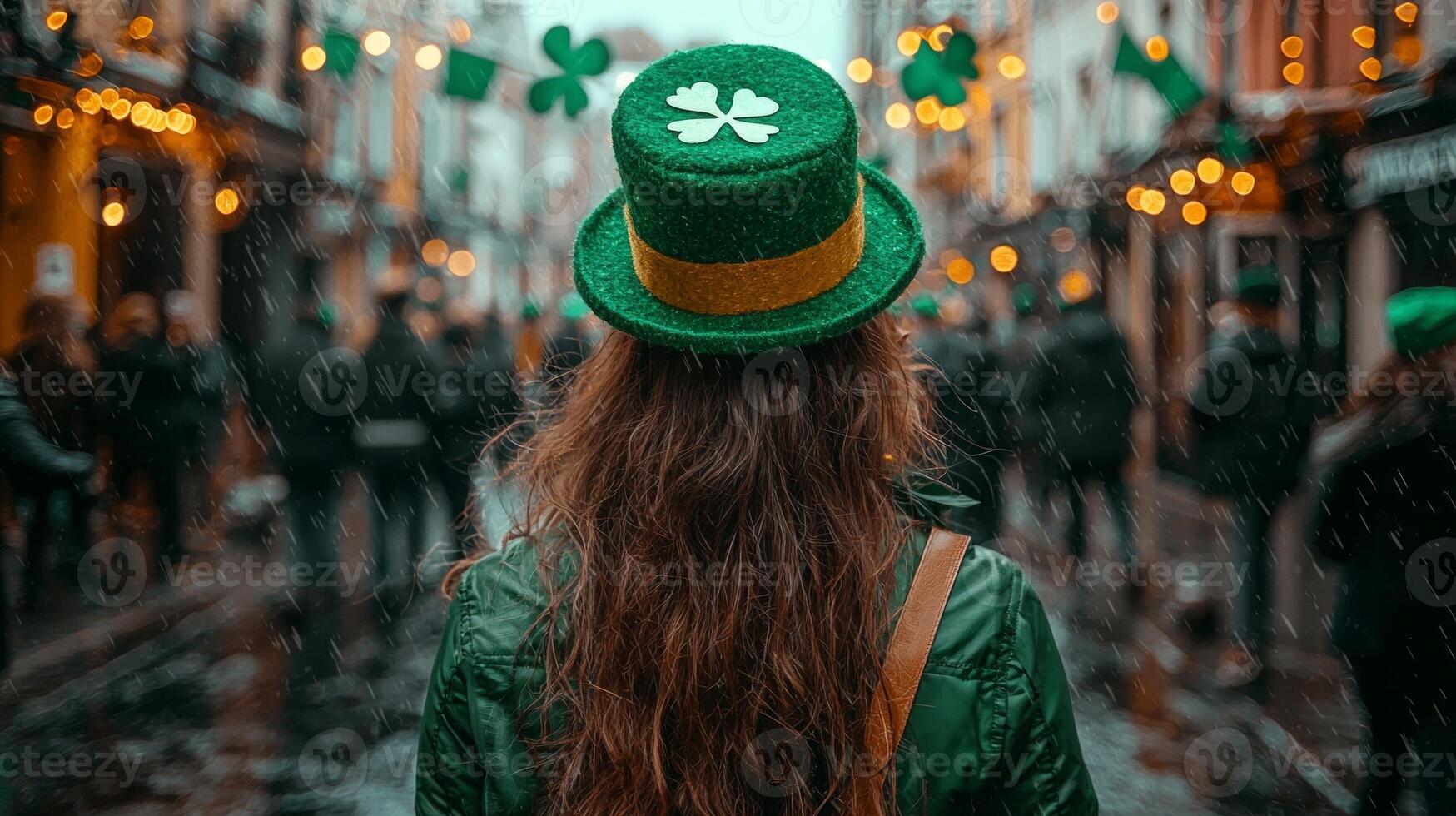 Crowds fill streets adorned Irish flags dressed in green outfits and leprechaun hats celebrating St Patricks Day while enjoying pints of beer and traditional music photo