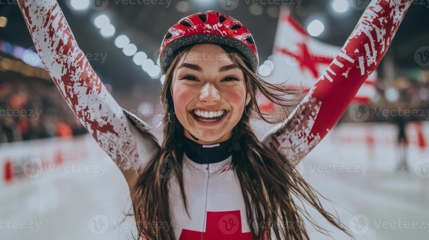 In captivating moment speed skater crosses finish line arms raised triumphantly photo