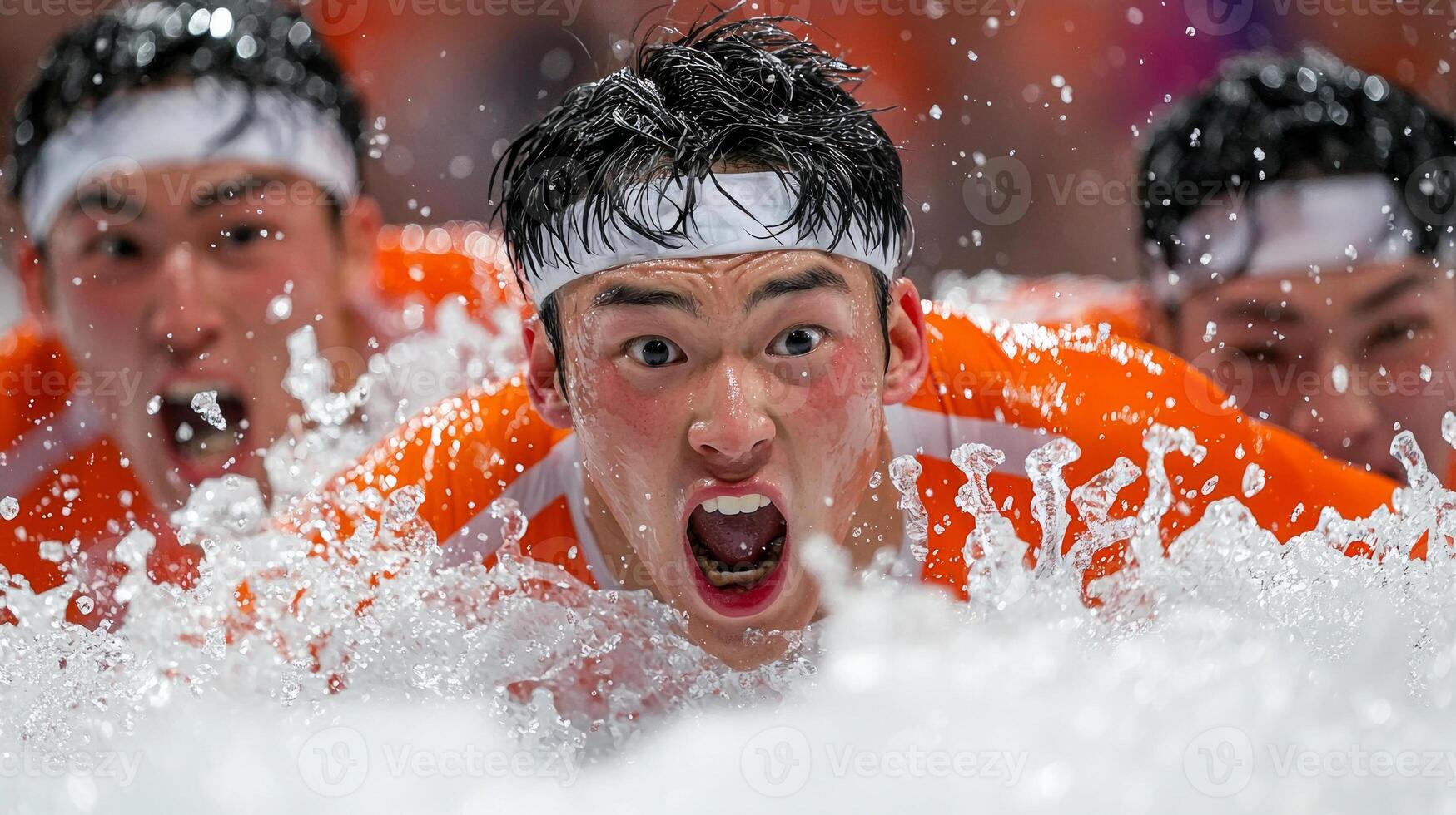 Skaters collide in dramatic encounter on short track as their expressions show shock and determination. Scattered ice adds excitement of moment photo