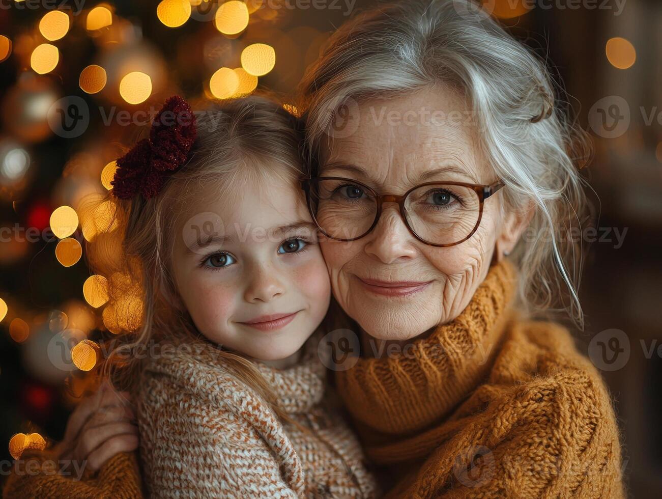 grandmother lovingly holds her granddaughter's face while both share warm smiles. backdrop is softly illuminated festive decorations symbolizing family bonds during celebrations photo