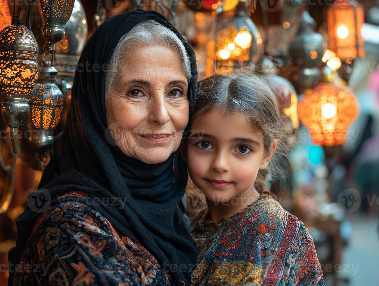 grandmother and granddaughter share joyful moment warm smiles. background features soft Ramadan decorations and glowing lanterns creating festive atmosphere photo