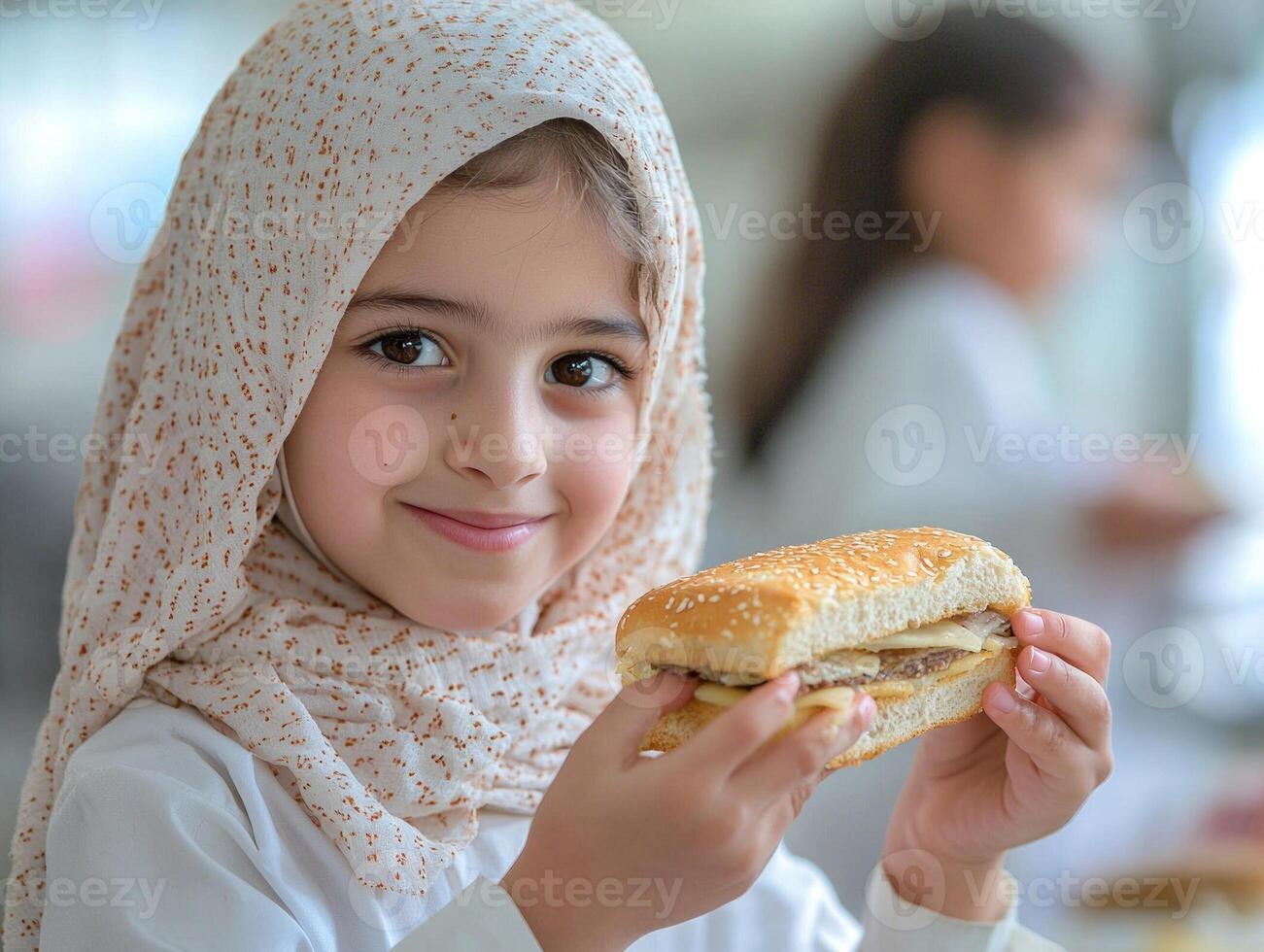 Muslim child joyfully exchanges sandwich classmate reflecting spirit of sharing and friendship during Eid celebration in warm inviting setting photo