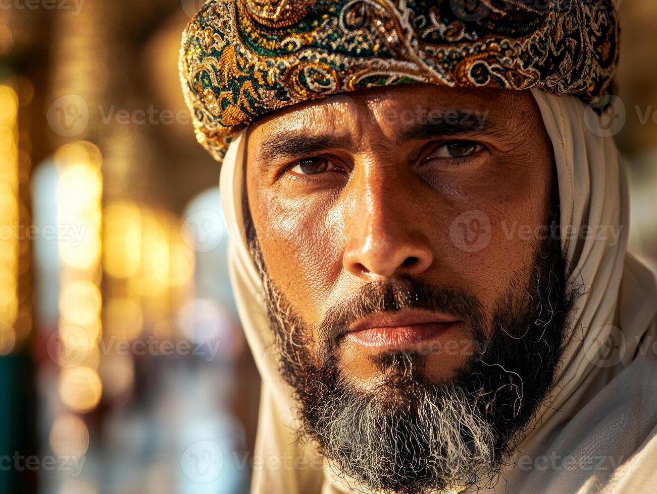 Muslim man stands mosque entrance wearing white thobe and embroidered kufi cap. Sunlight beautifully highlights his face embodying spirit of Eid al Fitr photo