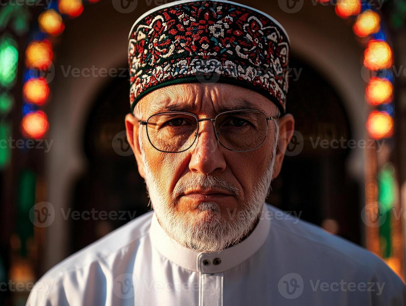 Muslim man wearing white thobe and embroidered kufi cap stands proudly near mosque entrance. Warm sunlight highlights his face capturing essence of celebration and unity during Eid al photo