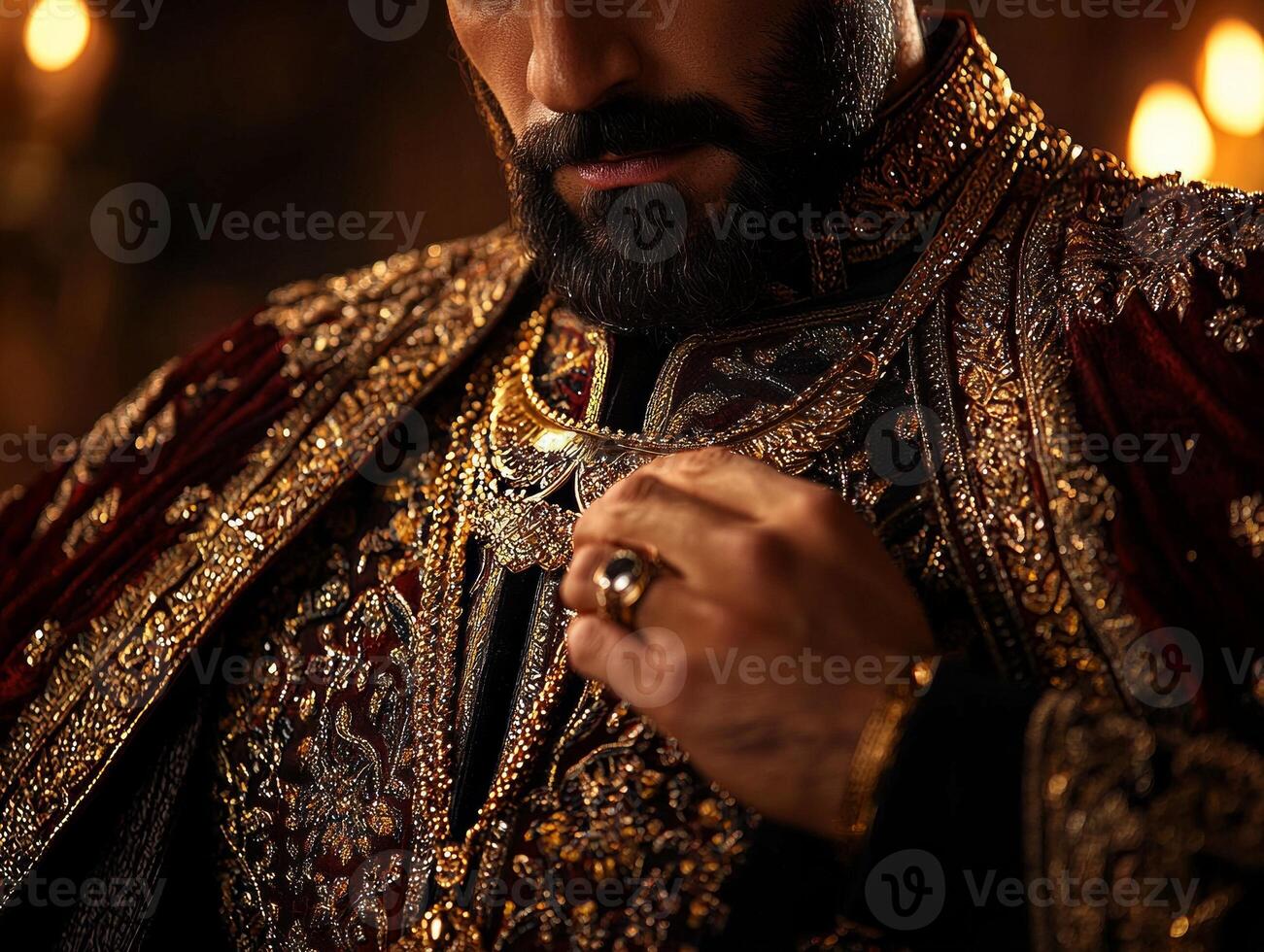 Muslim man's hands skillfully tie sash of beautifully embroidered Pakistani sherwani. exquisite gold detailing sparkles softly in indoor light showcasing cultural elegance photo