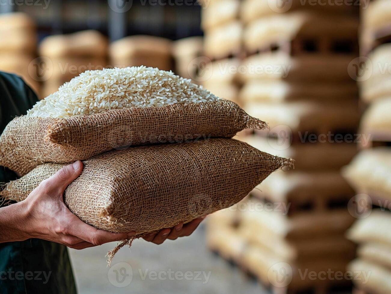 Close up of hands tying bag filled rice and dates representing community efforts during Ramadan. Background shows stacked food supplies emphasizing spirit of giving photo