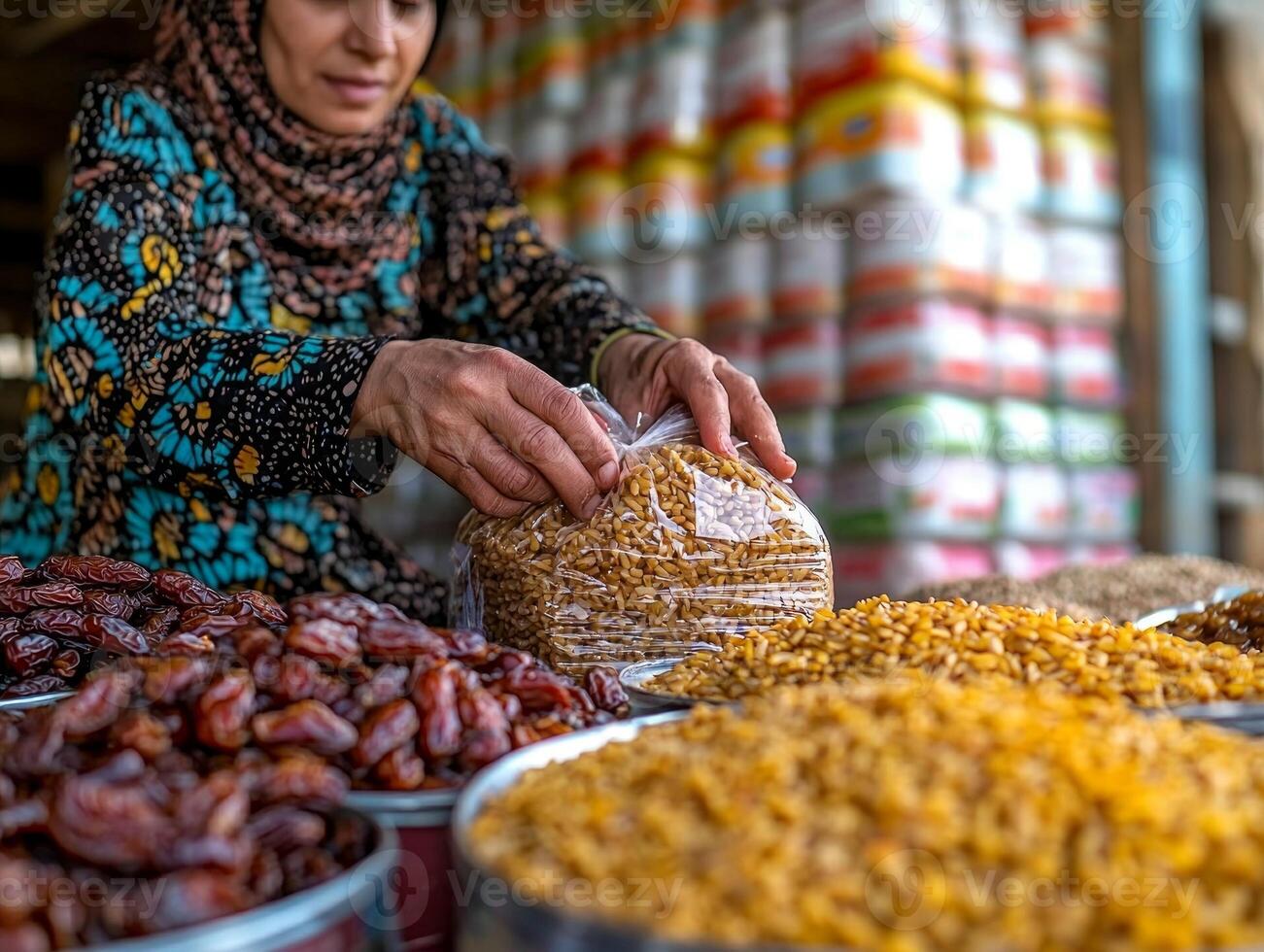 Close up of hands tying bag filled rice and dates for Ramadan food donation emphasizing community support during Eid al Fitr celebrations and family traditions photo