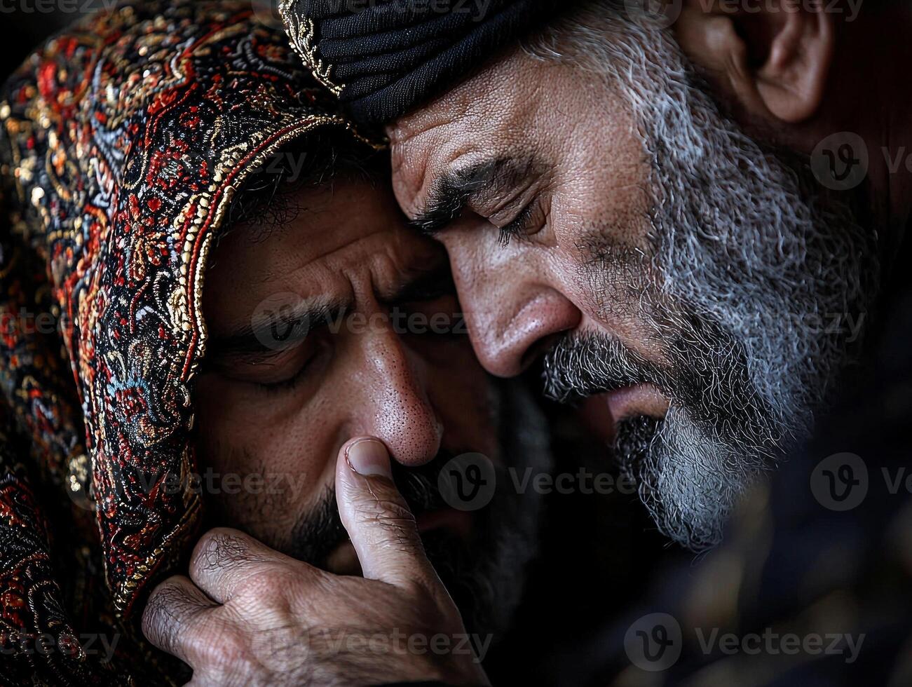 In mosque during Eid al Fitr Imam comforts grieving man placing his hand on his shoulder. He offers words of support and prayers in moment of shared compassion and unity photo